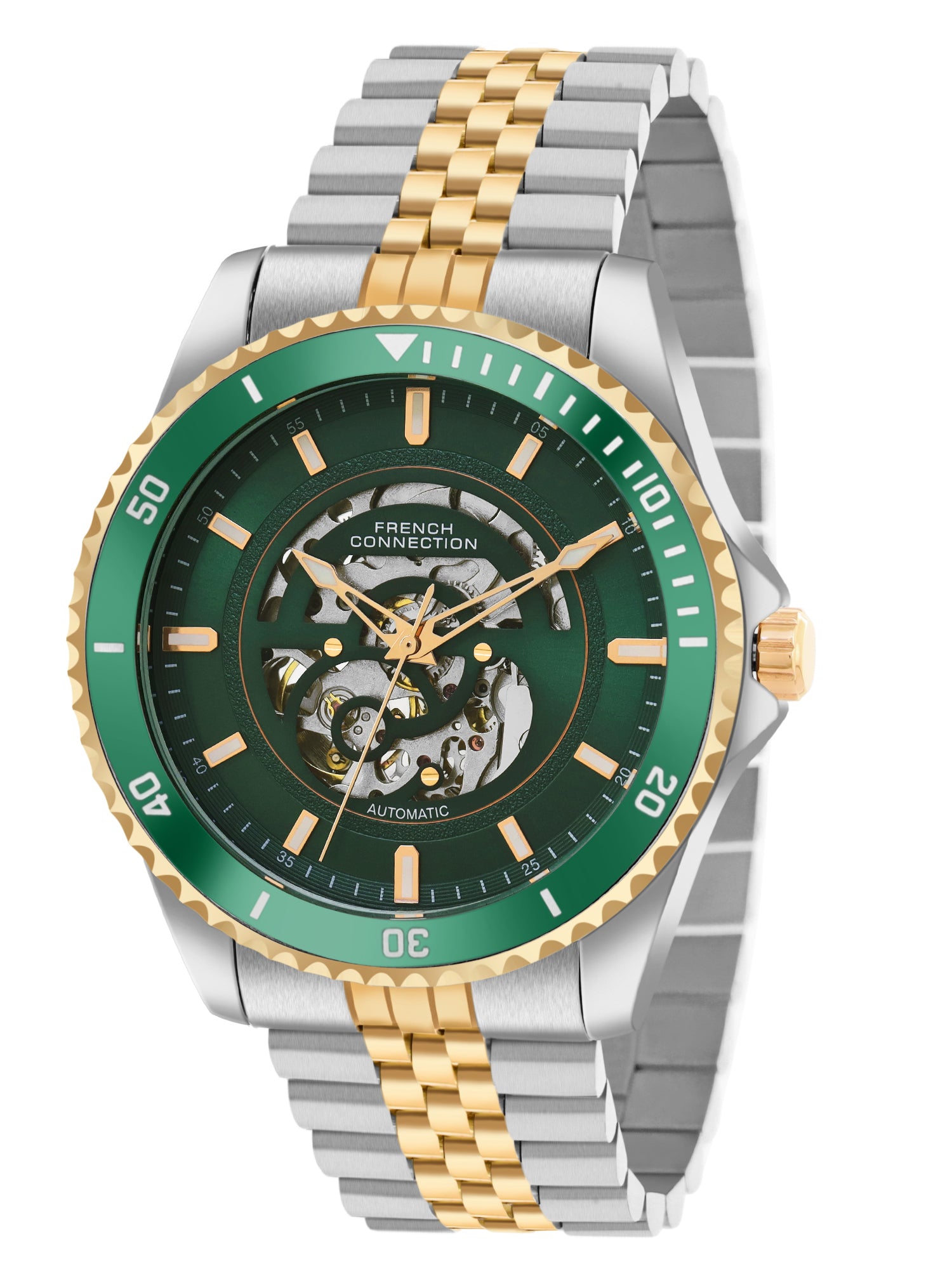 French Connection Aether Drive Men's Automatic Skeleton Watch with Green Sunray Dial, Gold Stainless Steel Bracelet & Exhibition Case Back – FCA26NTM