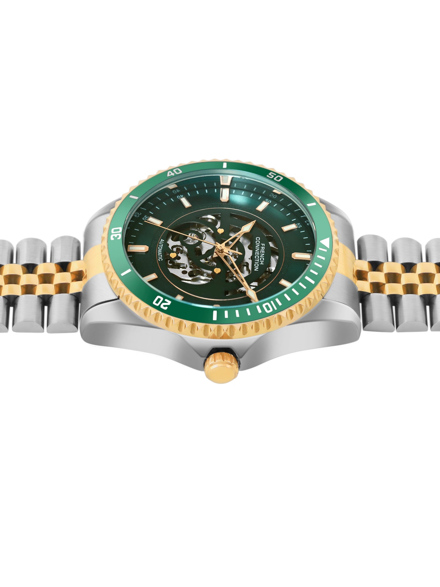 French Connection Aether Drive Men's Automatic Skeleton Watch with Green Sunray Dial, Gold Stainless Steel Bracelet & Exhibition Case Back – FCA26NTM