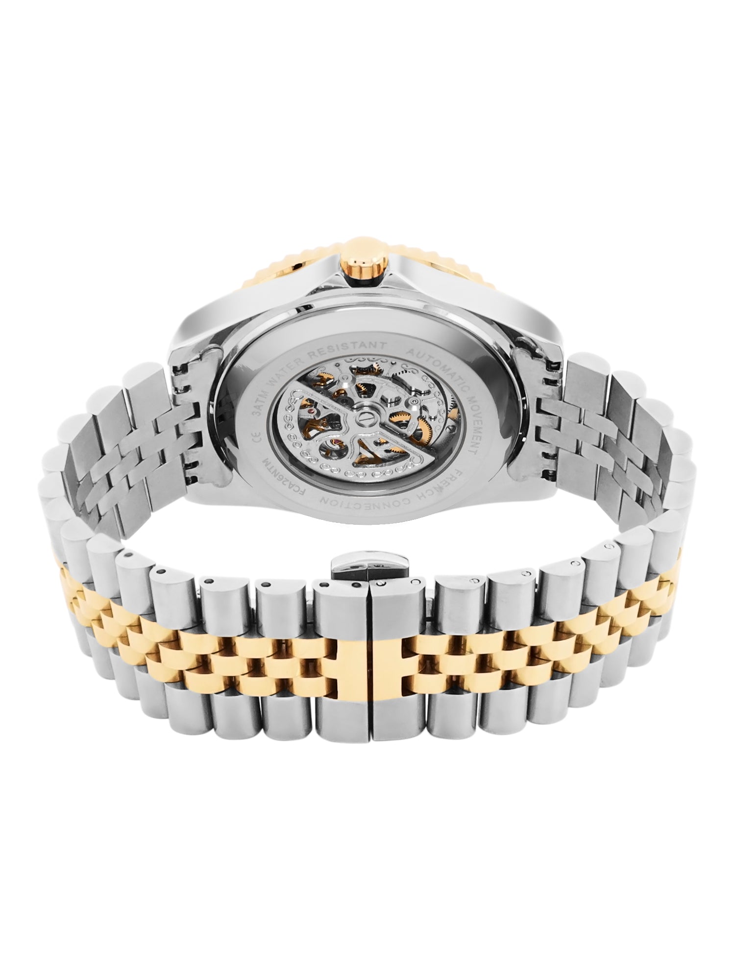 French Connection Aether Drive Men's Automatic Skeleton Watch with Green Sunray Dial, Gold Stainless Steel Bracelet & Exhibition Case Back – FCA26NTM