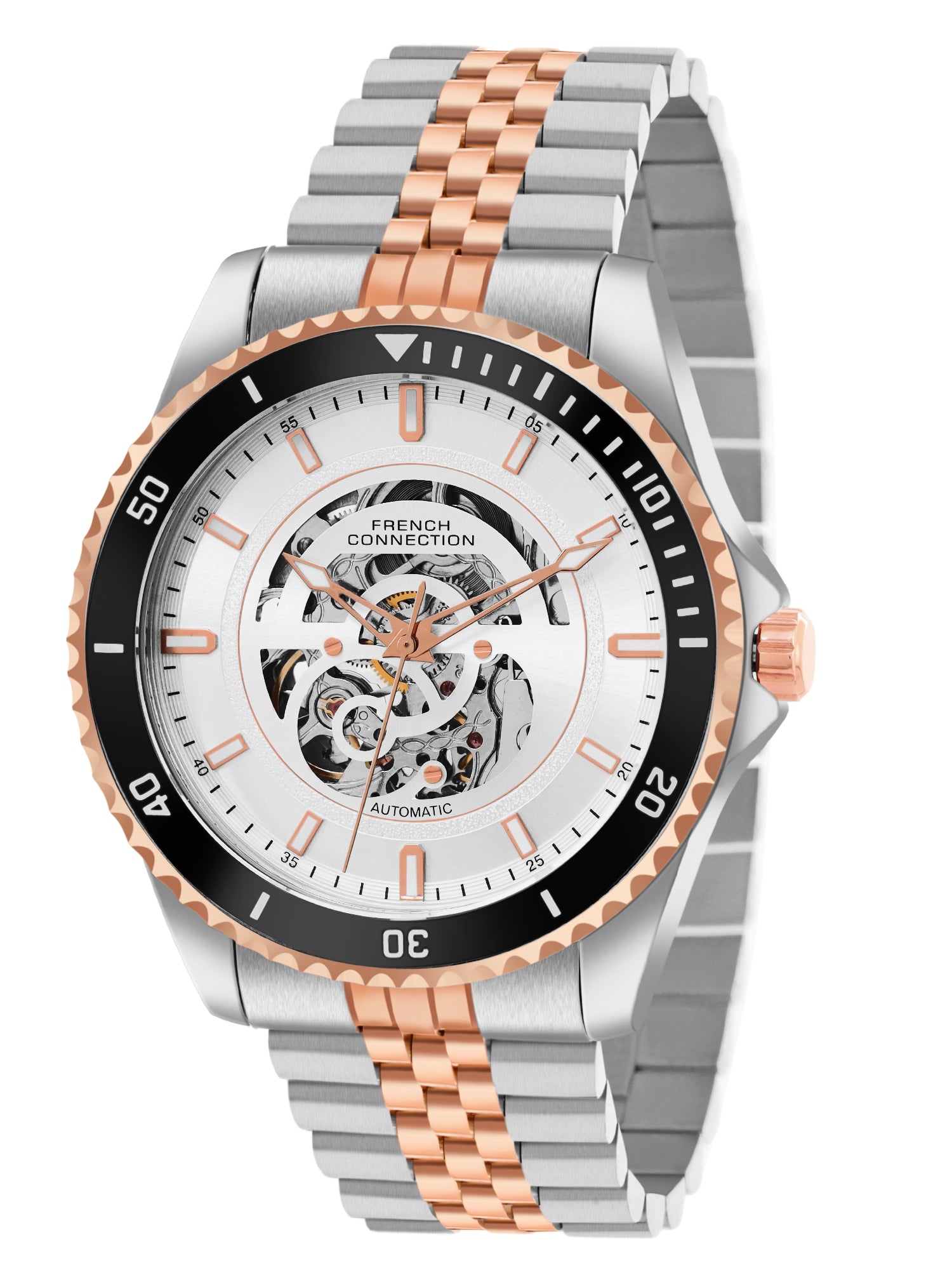 French Connection Aether Drive Men's Automatic Skeleton Watch with White Sunray Dial, Two-Tone Rose Gold & Silver Stainless Steel Bracelet – FCA26SRTM
