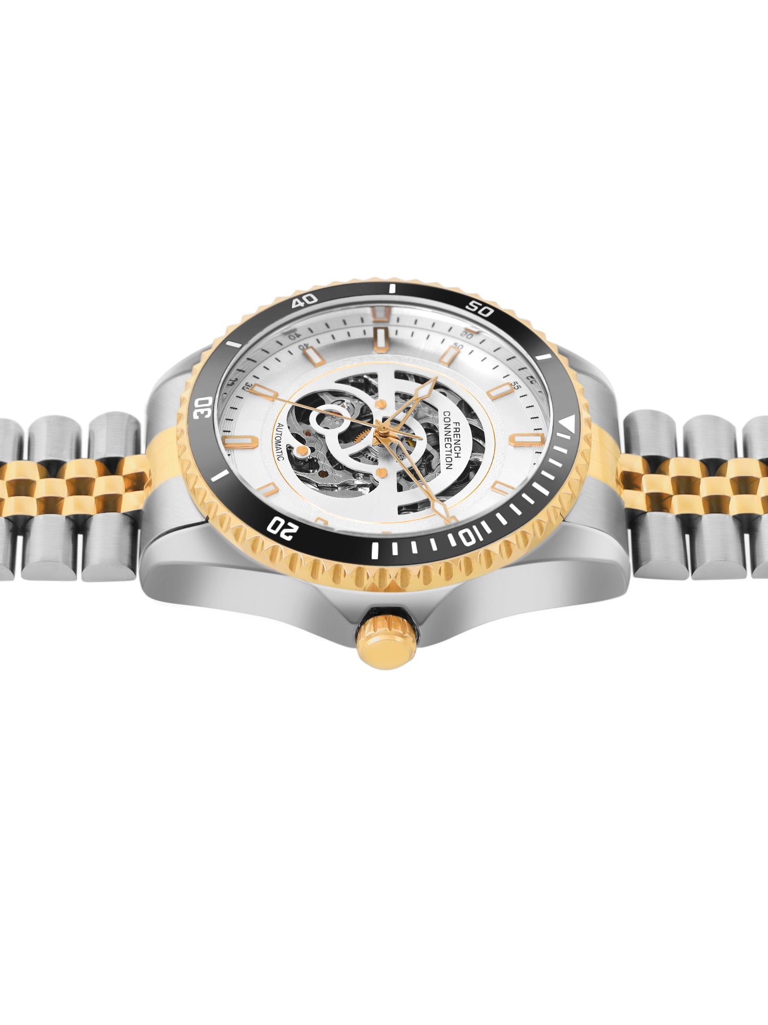 French Connection Aether Drive Men's Automatic Skeleton Watch with White Sunray Dial, Two-Tone Gold & Silver Stainless Steel Bracelet – FCA26STM