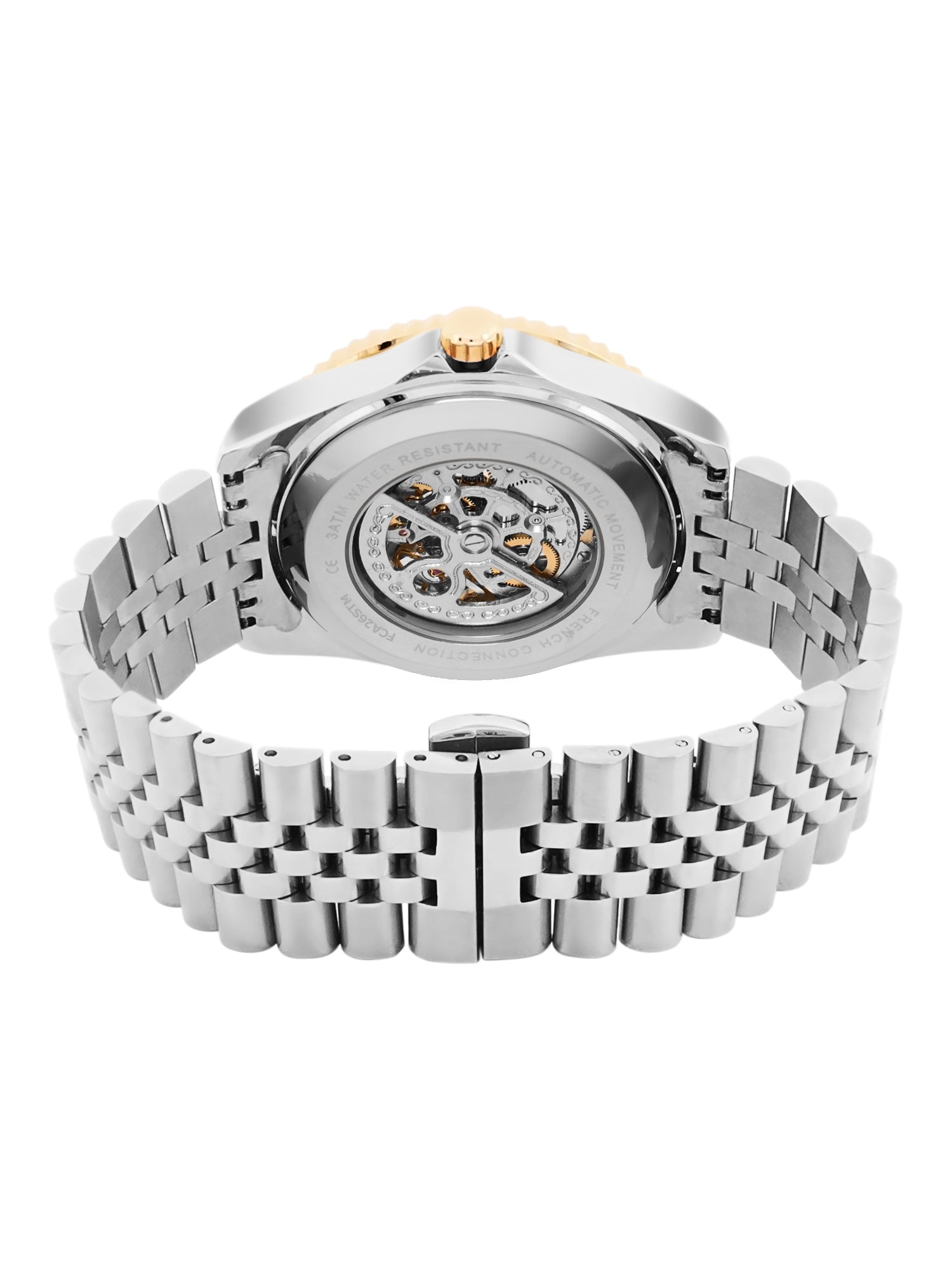 French Connection Aether Drive Men's Automatic Skeleton Watch with White Sunray Dial, Two-Tone Gold & Silver Stainless Steel Bracelet – FCA26STM