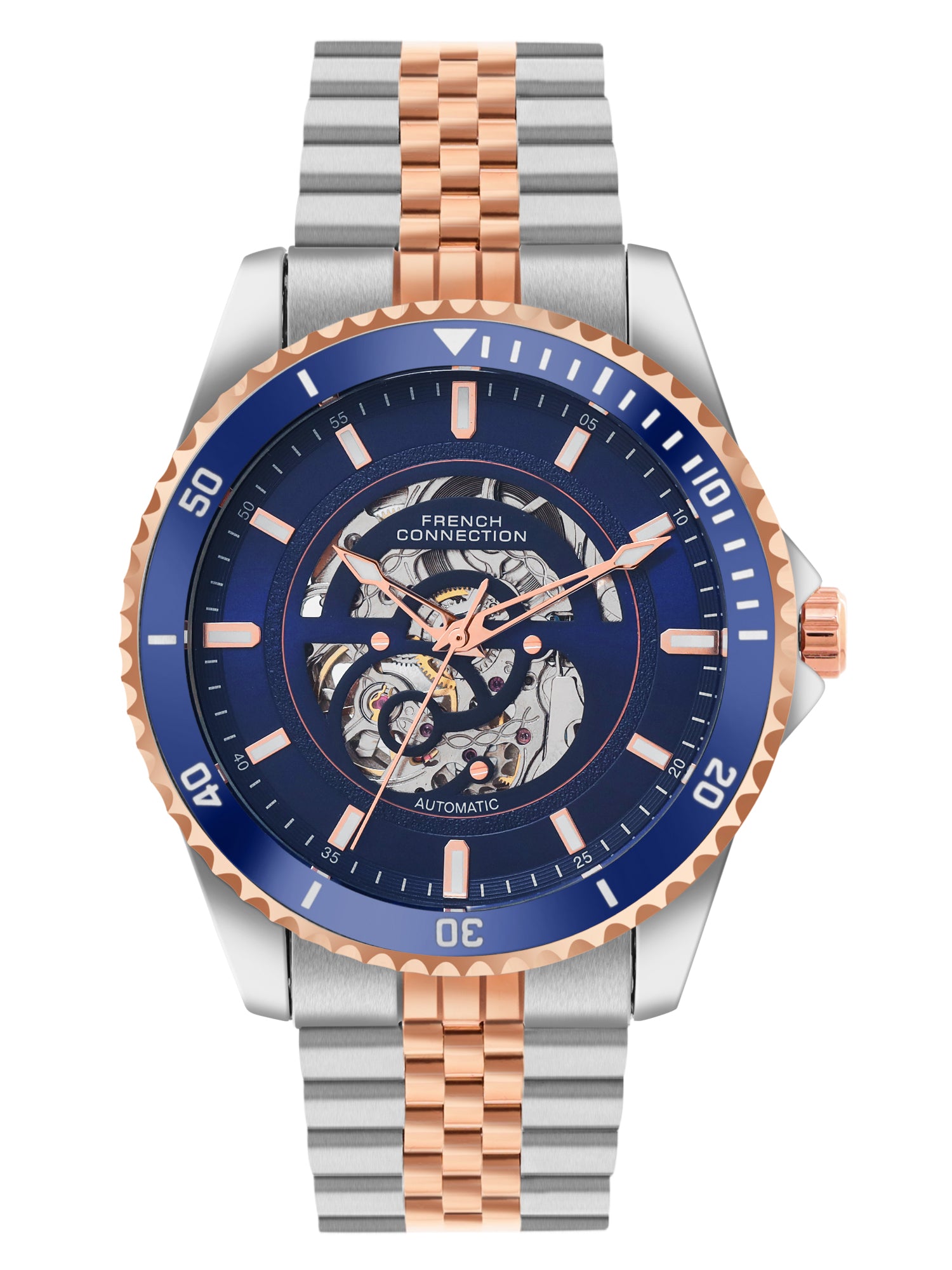 French Connection Aether Drive Men's Automatic Skeleton Watch with Blue Sunray Dial, Two-Tone Rose Gold & Silver Stainless Steel Bracelet – FCA26URTM
