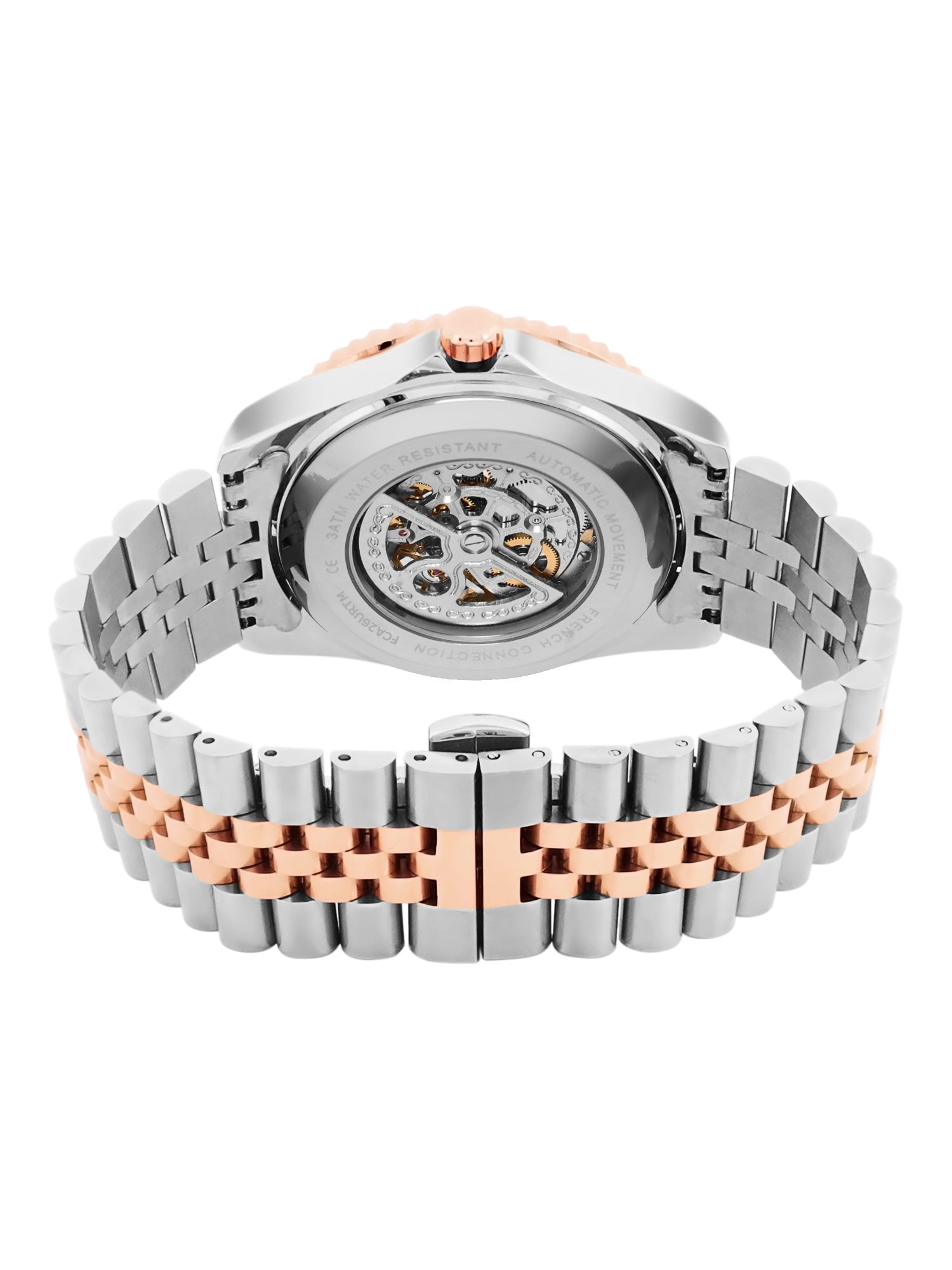 French Connection Aether Drive Men's Automatic Skeleton Watch with Blue Sunray Dial, Two-Tone Rose Gold & Silver Stainless Steel Bracelet – FCA26URTM
