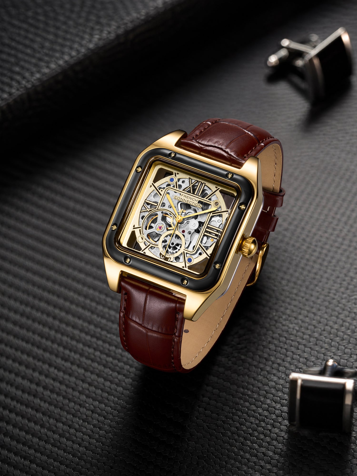 French Connection Autronox Skeleton Dial Leather Automatic Watch for Men - FCA33BRL