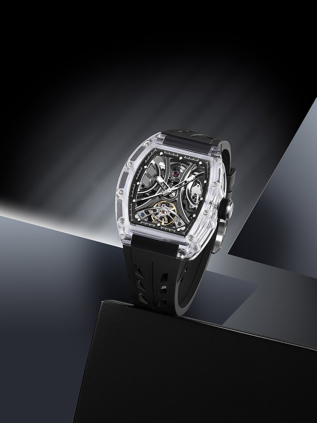 French Connection Stealth Series Limited Edition Men's Automatic Skeleton Watch with Crystal Black Dial, Transparent K9 Crystal Case & Black Silicone Strap - FCA47B