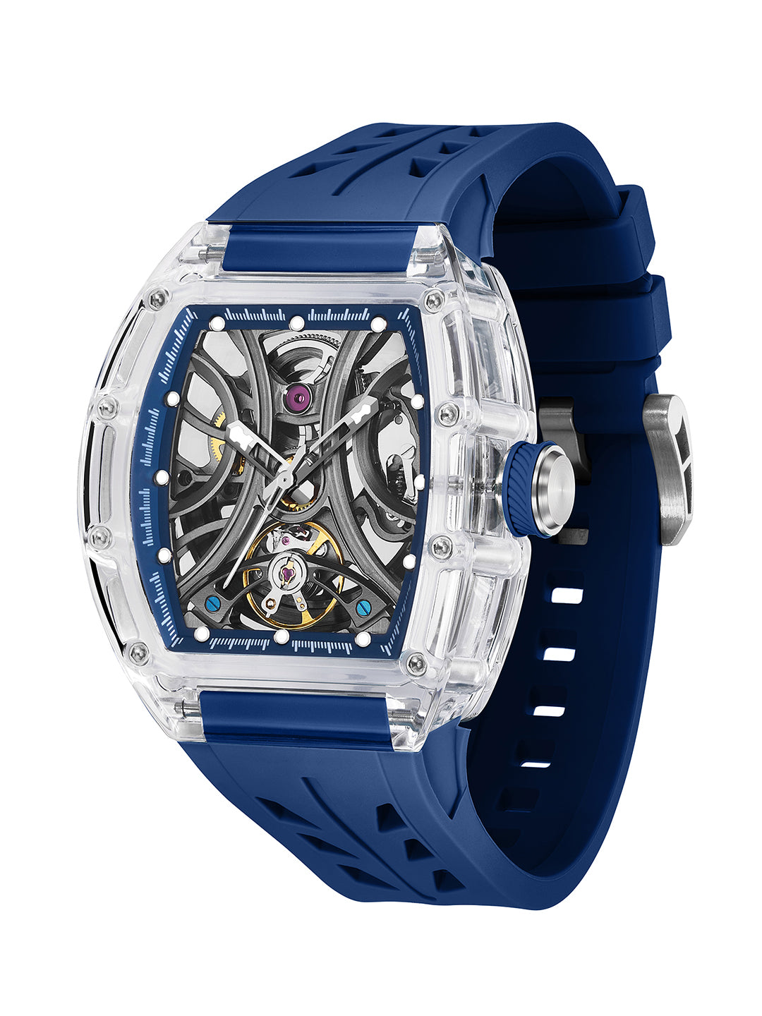 French Connection Stealth Series Limited Edition Men's Automatic Skeleton Watch with Crystal Dark Blue Dial, Transparent K9 Crystal Case & Dark Blue Silicone Strap - FCA47DU