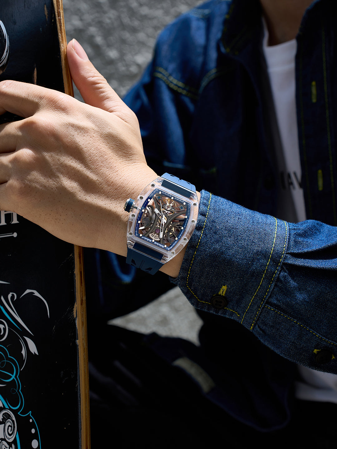 French Connection Stealth Series Limited Edition Men's Automatic Skeleton Watch with Crystal Dark Blue Dial, Transparent K9 Crystal Case & Dark Blue Silicone Strap - FCA47DU