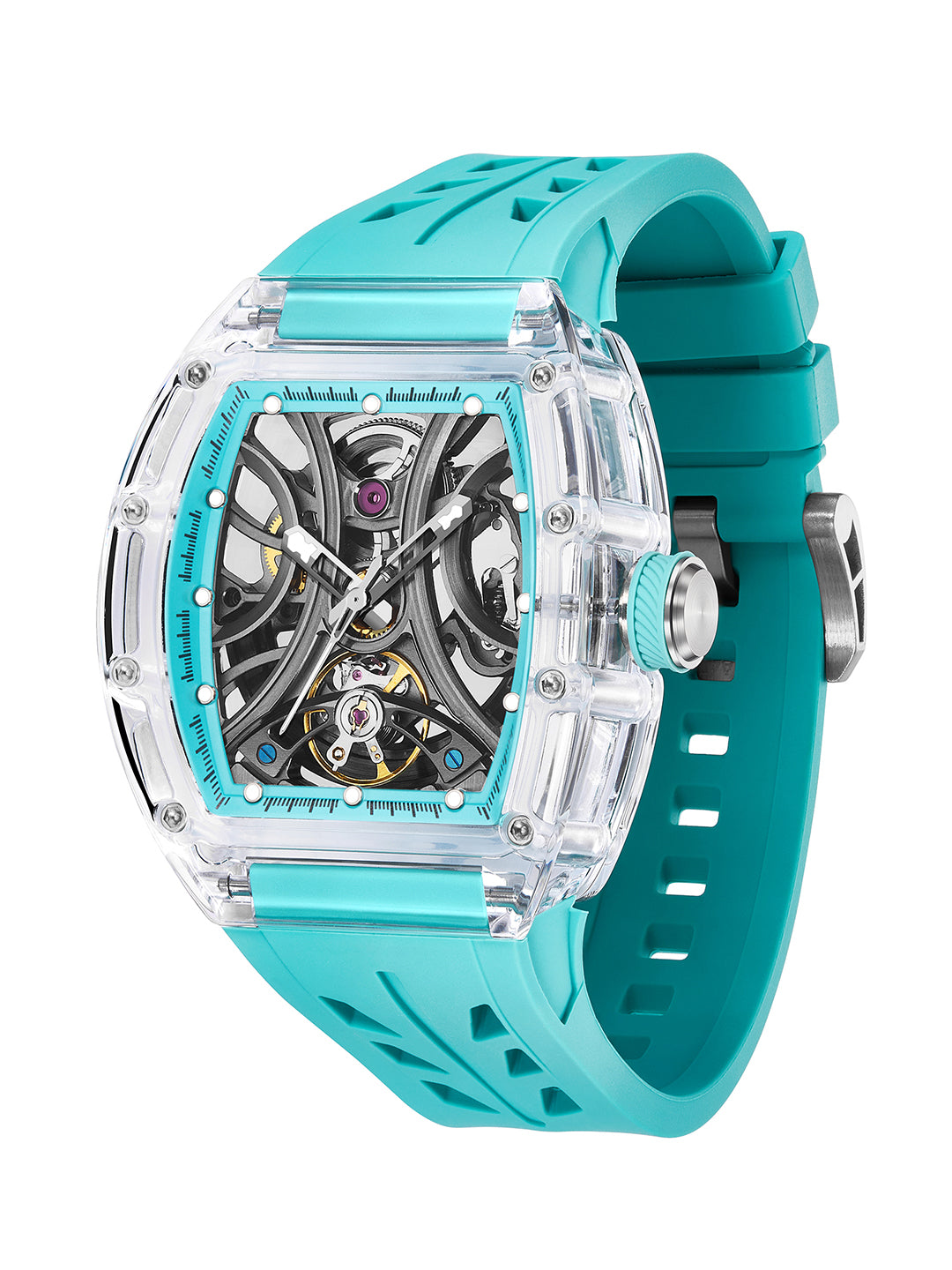 French Connection Stealth Series Limited Edition Men's Automatic Skeleton Watch with Crystal Tiffany Blue Dial, Transparent K9 Crystal Case & Tiffany Blue Silicone Strap - FCA47U