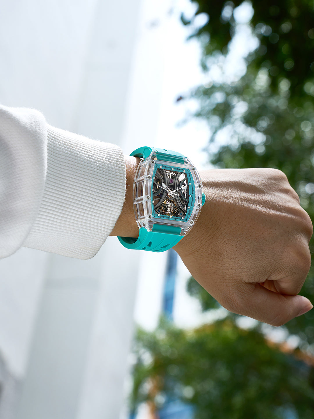 French Connection Stealth Series Limited Edition Men's Automatic Skeleton Watch with Crystal Tiffany Blue Dial, Transparent K9 Crystal Case & Tiffany Blue Silicone Strap - FCA47U