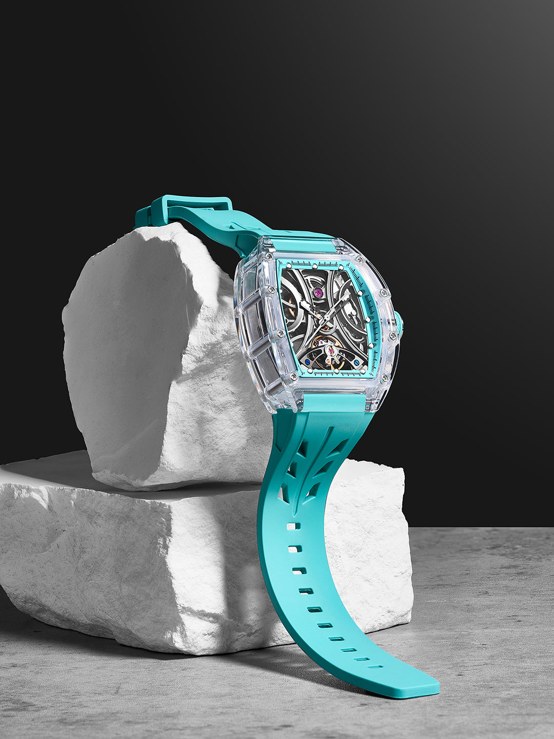 French Connection Stealth Series Limited Edition Men's Automatic Skeleton Watch with Crystal Tiffany Blue Dial, Transparent K9 Crystal Case & Tiffany Blue Silicone Strap - FCA47U
