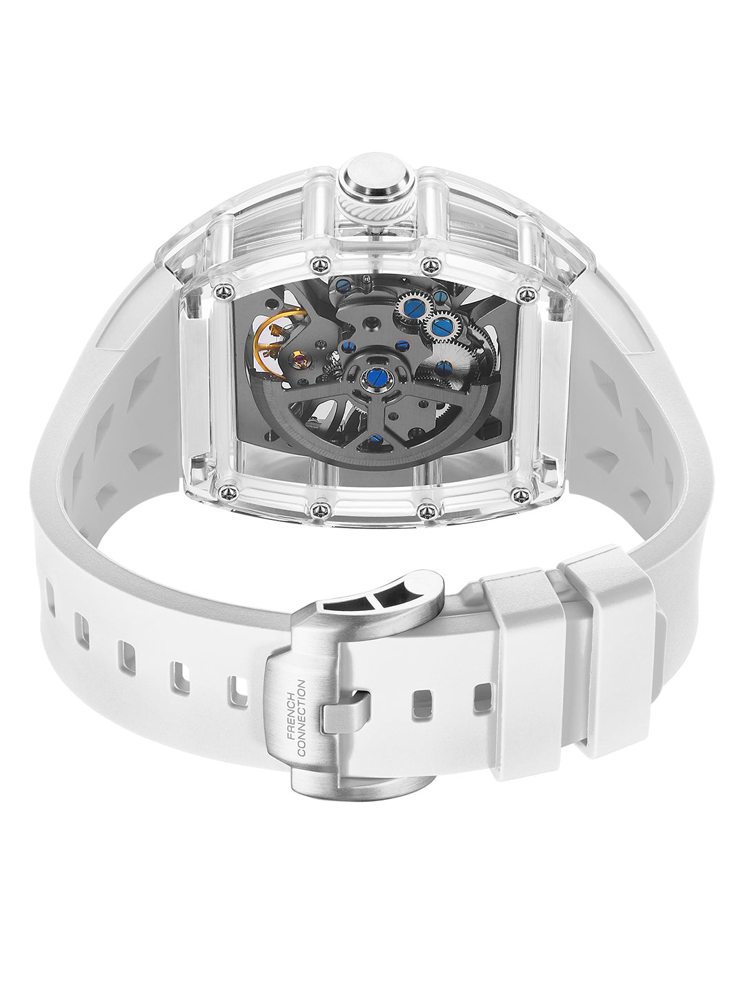 French Connection Stealth Series Limited Edition Men's Automatic Skeleton Watch with Crystal White Dial, Transparent K9 Crystal Case & White Silicone Strap - FCA47W