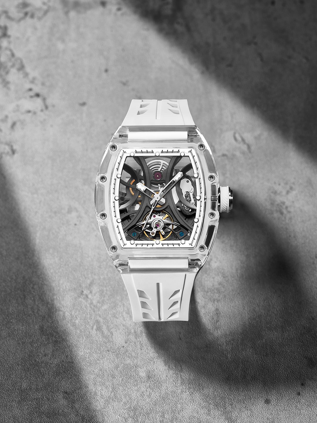 French Connection Stealth Series Limited Edition Men's Automatic Skeleton Watch with Crystal White Dial, Transparent K9 Crystal Case & White Silicone Strap - FCA47W