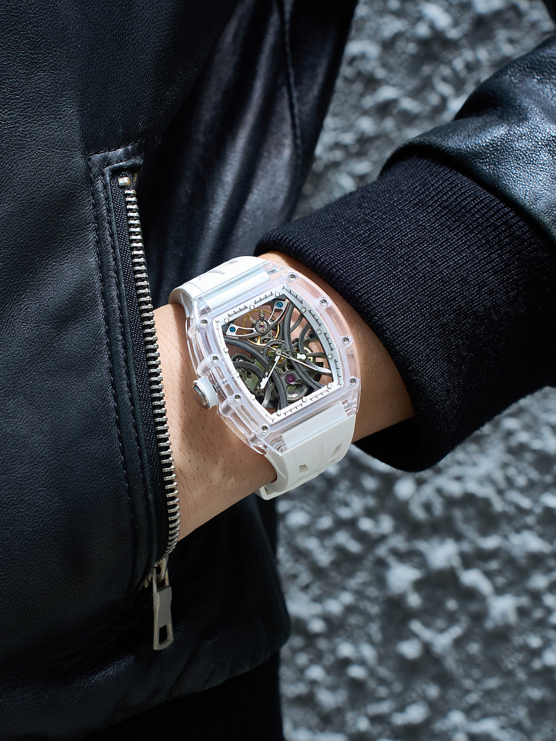 French Connection Stealth Series Limited Edition Men's Automatic Skeleton Watch with Crystal White Dial, Transparent K9 Crystal Case & White Silicone Strap - FCA47W