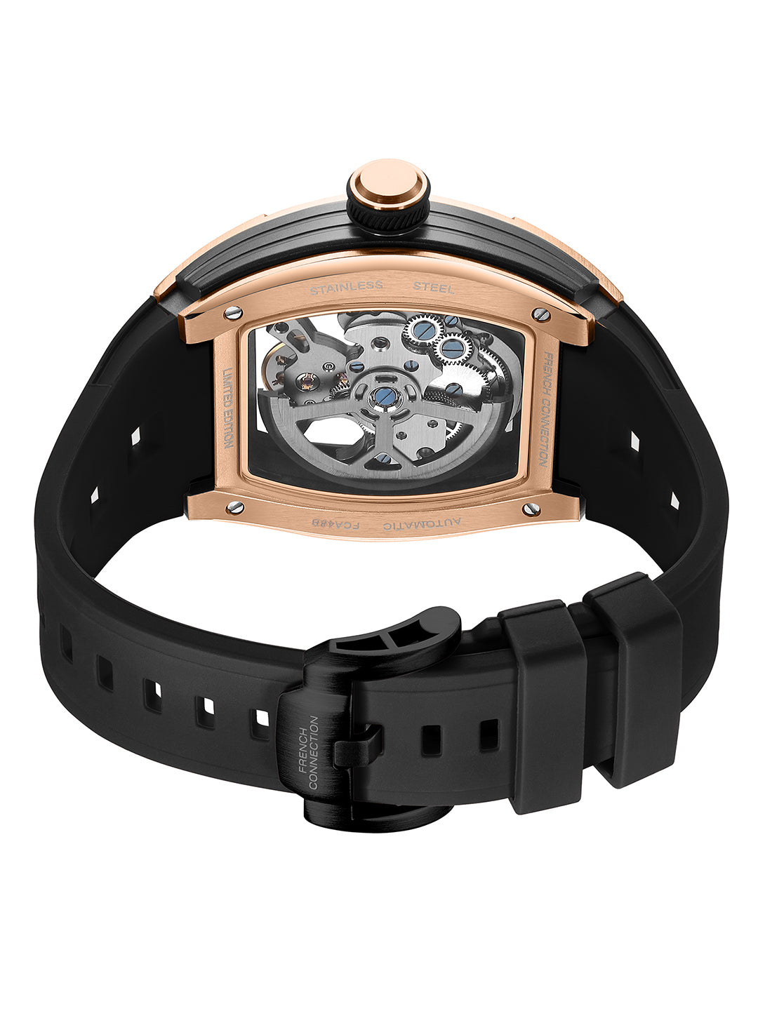 French Connection Stealth Series Limited Edition Men's Automatic Skeleton Watch with Black Skeleton Dial, Rose Gold & Black Stainless Steel Case & Black Silicone Strap - FCA48B