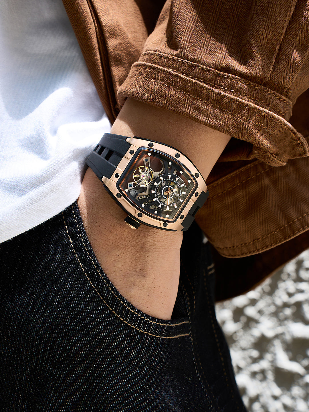 French Connection Stealth Series Limited Edition Men's Automatic Skeleton Watch with Black Skeleton Dial, Rose Gold & Black Stainless Steel Case & Black Silicone Strap - FCA48B
