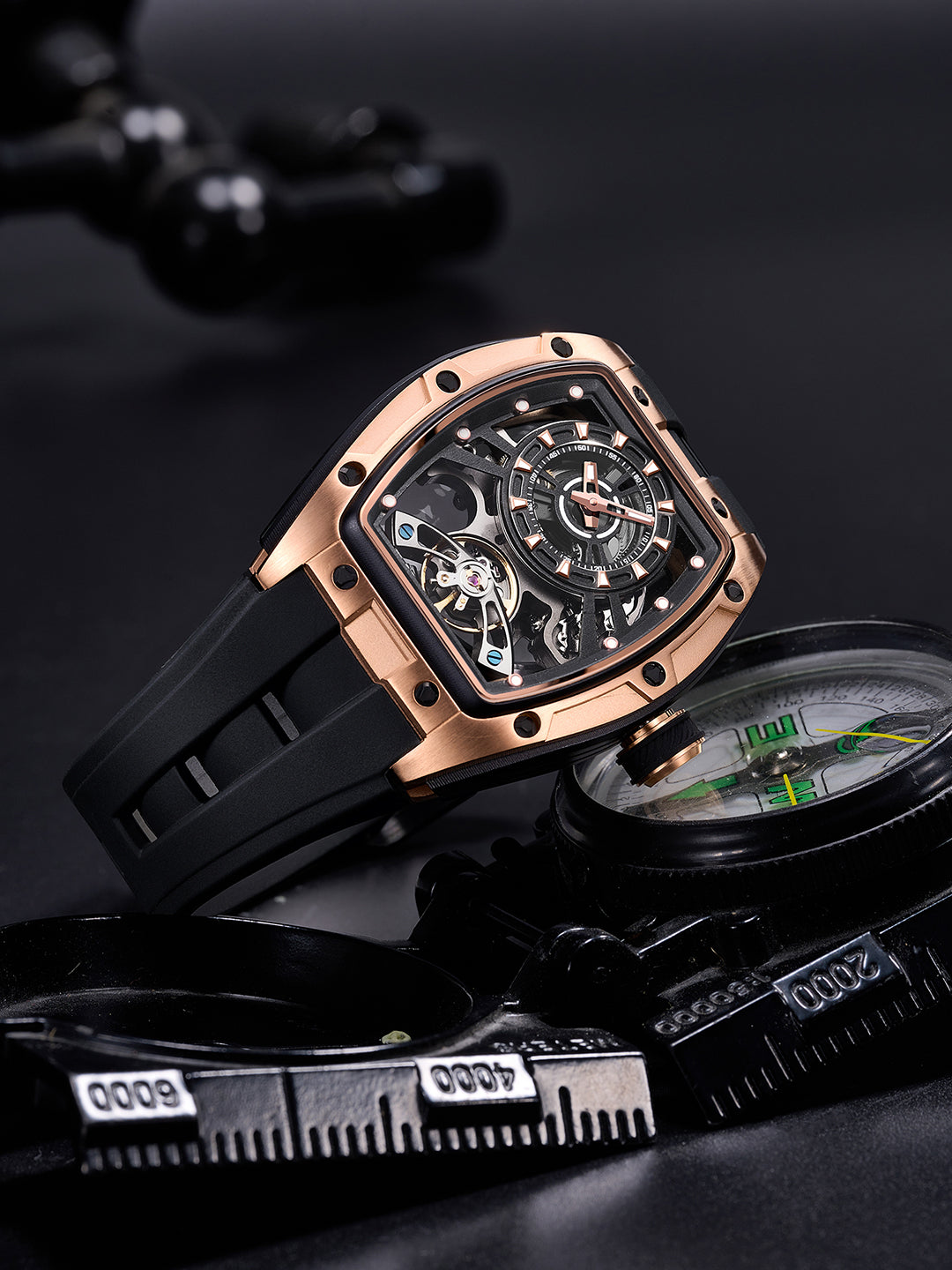 French Connection Stealth Series Limited Edition Men's Automatic Skeleton Watch with Black Skeleton Dial, Rose Gold & Black Stainless Steel Case & Black Silicone Strap - FCA48B