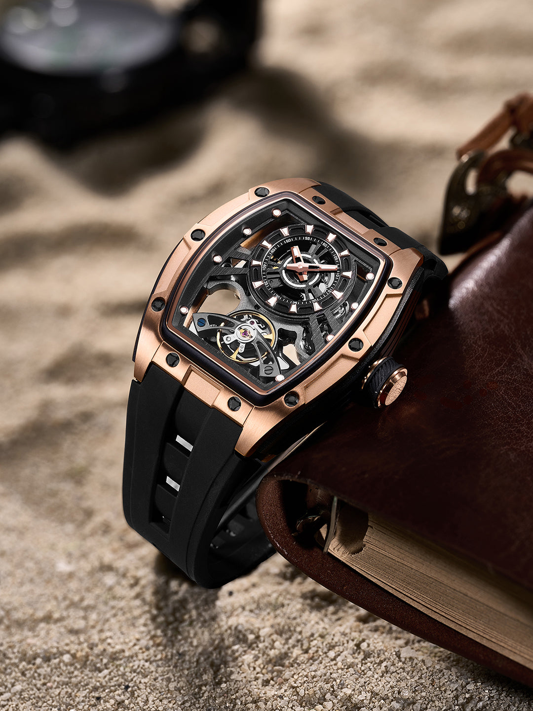 French Connection Stealth Series Limited Edition Men's Automatic Skeleton Watch with Black Skeleton Dial, Rose Gold & Black Stainless Steel Case & Black Silicone Strap - FCA48B