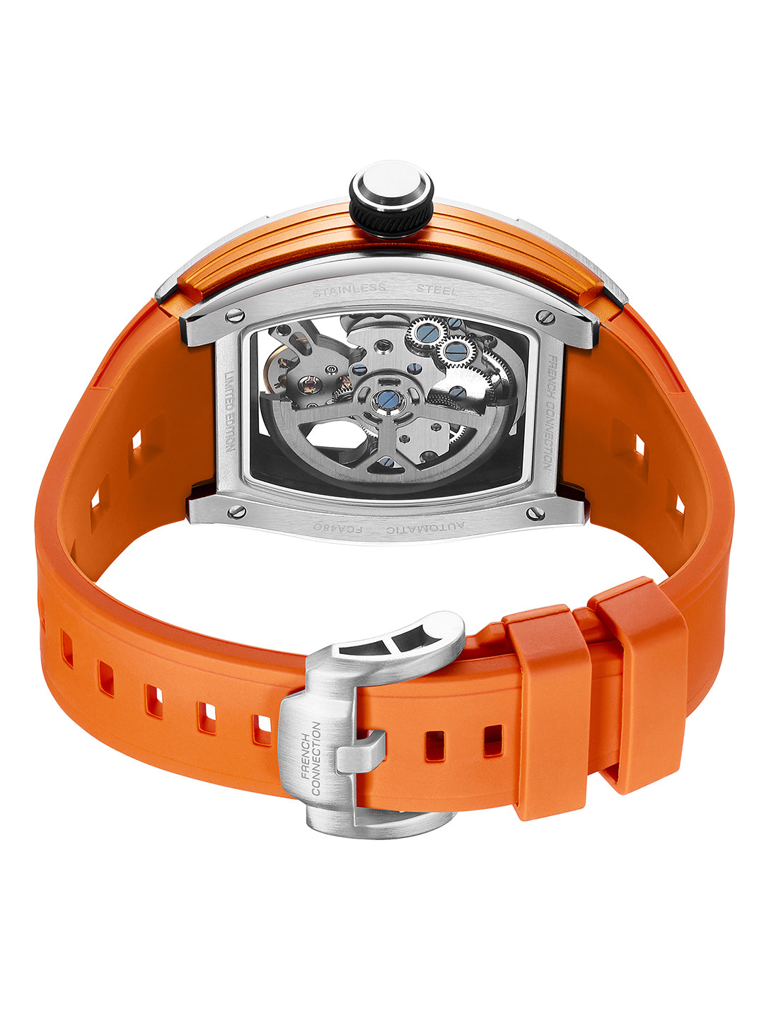 French Connection Stealth Series Limited Edition Men's Automatic Skeleton Watch with Orange Skeleton Dial, Silver Stainless Steel Case & Orange Silicone Strap - FCA48O