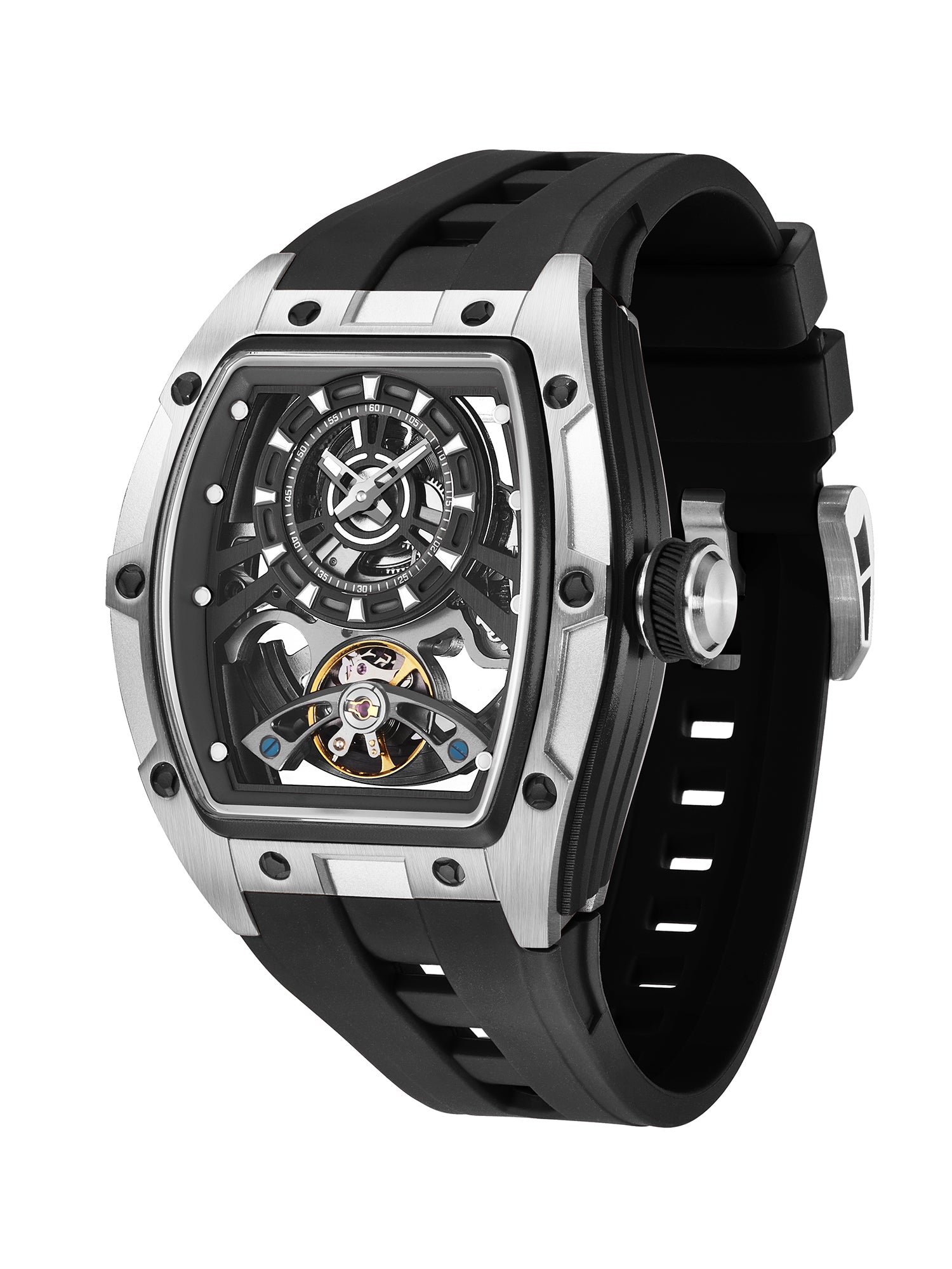 French Connection Stealth Series Limited Edition Men's Automatic Skeleton Watch with Black Skeleton Dial, Silver & Black Stainless Steel Case & Black Silicone Strap - FCA48SB