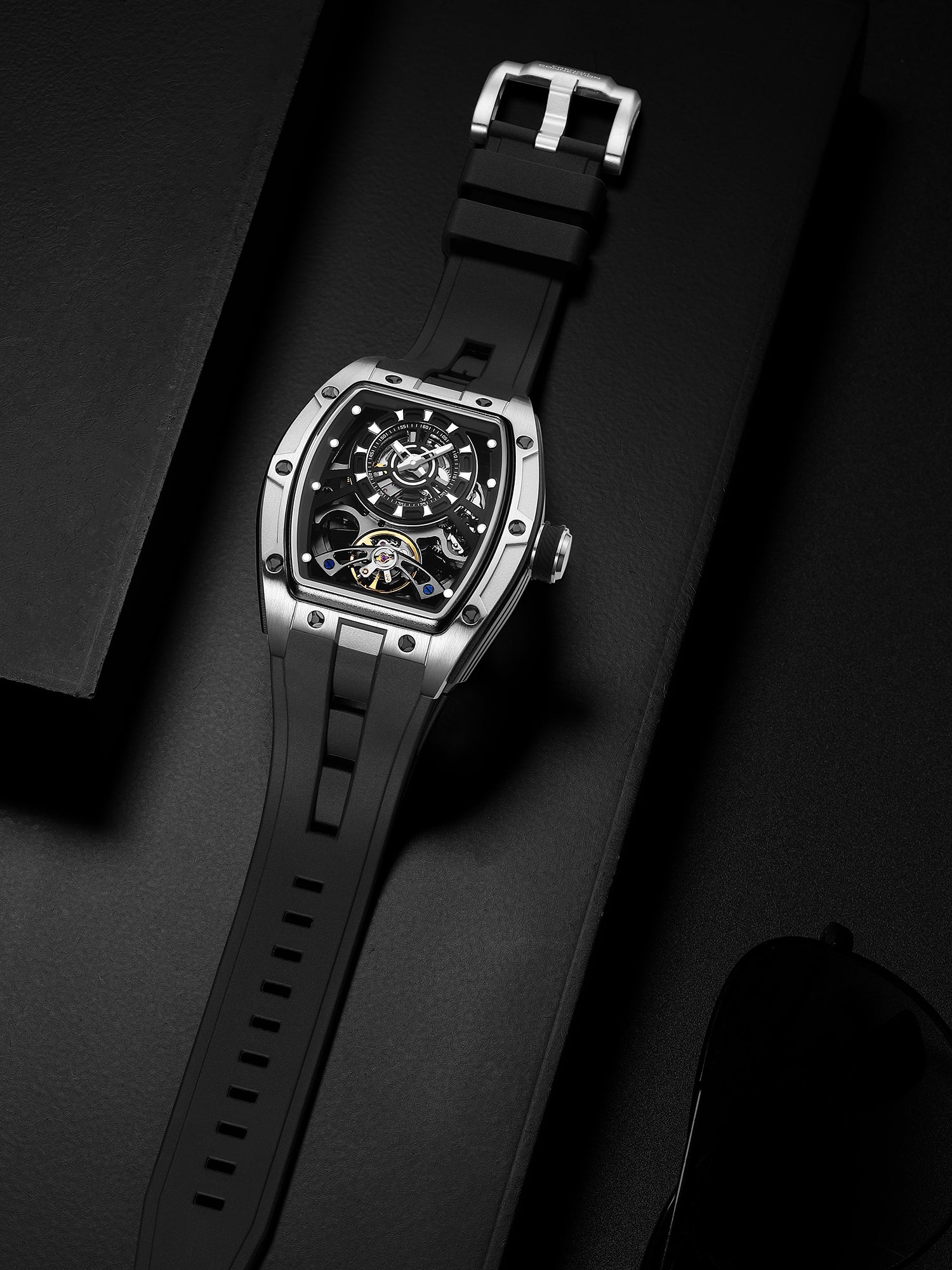 French Connection Stealth Series Limited Edition Men's Automatic Skeleton Watch with Black Skeleton Dial, Silver & Black Stainless Steel Case & Black Silicone Strap - FCA48SB