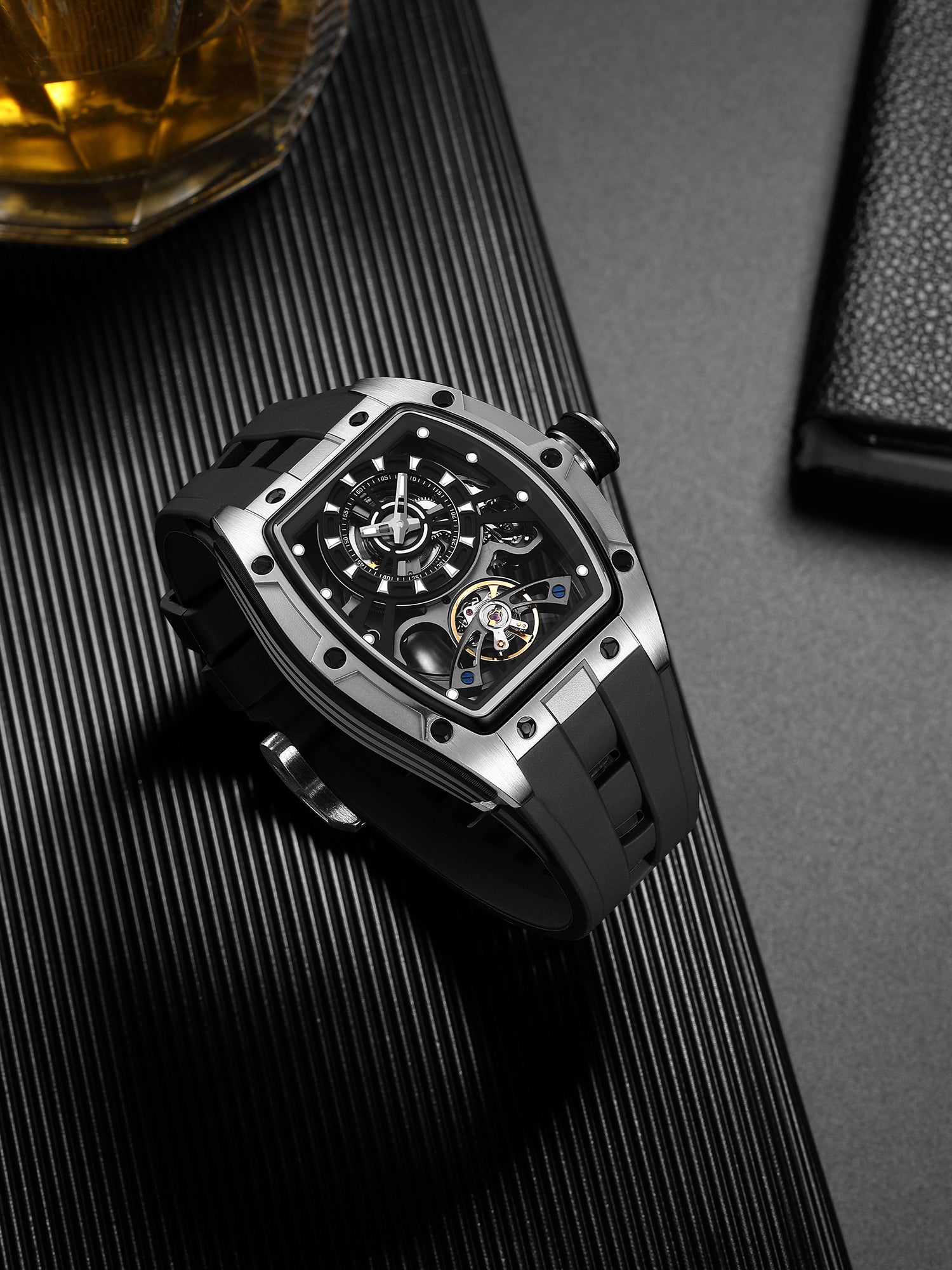 French Connection Stealth Series Limited Edition Men's Automatic Skeleton Watch with Black Skeleton Dial, Silver & Black Stainless Steel Case & Black Silicone Strap - FCA48SB