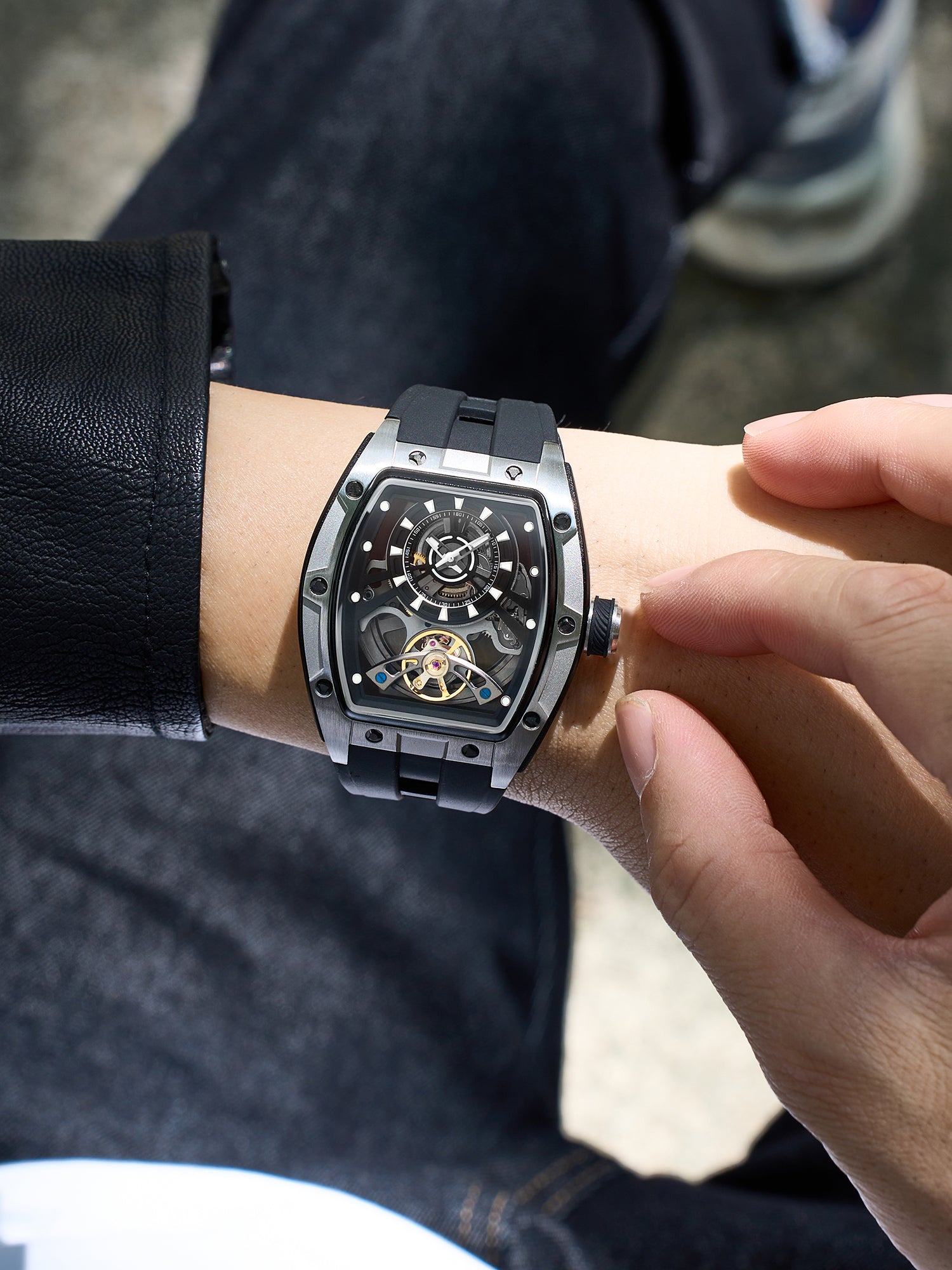 French Connection Stealth Series Limited Edition Men's Automatic Skeleton Watch with Black Skeleton Dial, Silver & Black Stainless Steel Case & Black Silicone Strap - FCA48SB