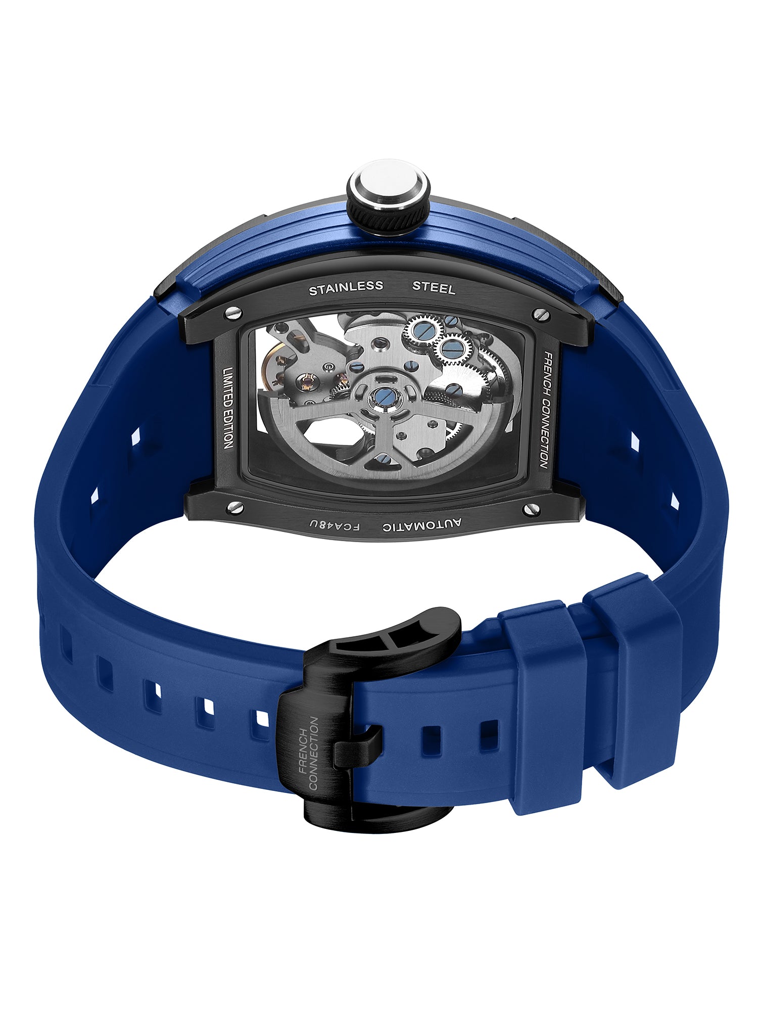 French Connection Stealth Series Limited Edition Men's Automatic Skeleton Watch with Blue Skeleton Dial, Silver Stainless Steel Case & Blue Silicone Strap - FCA48U