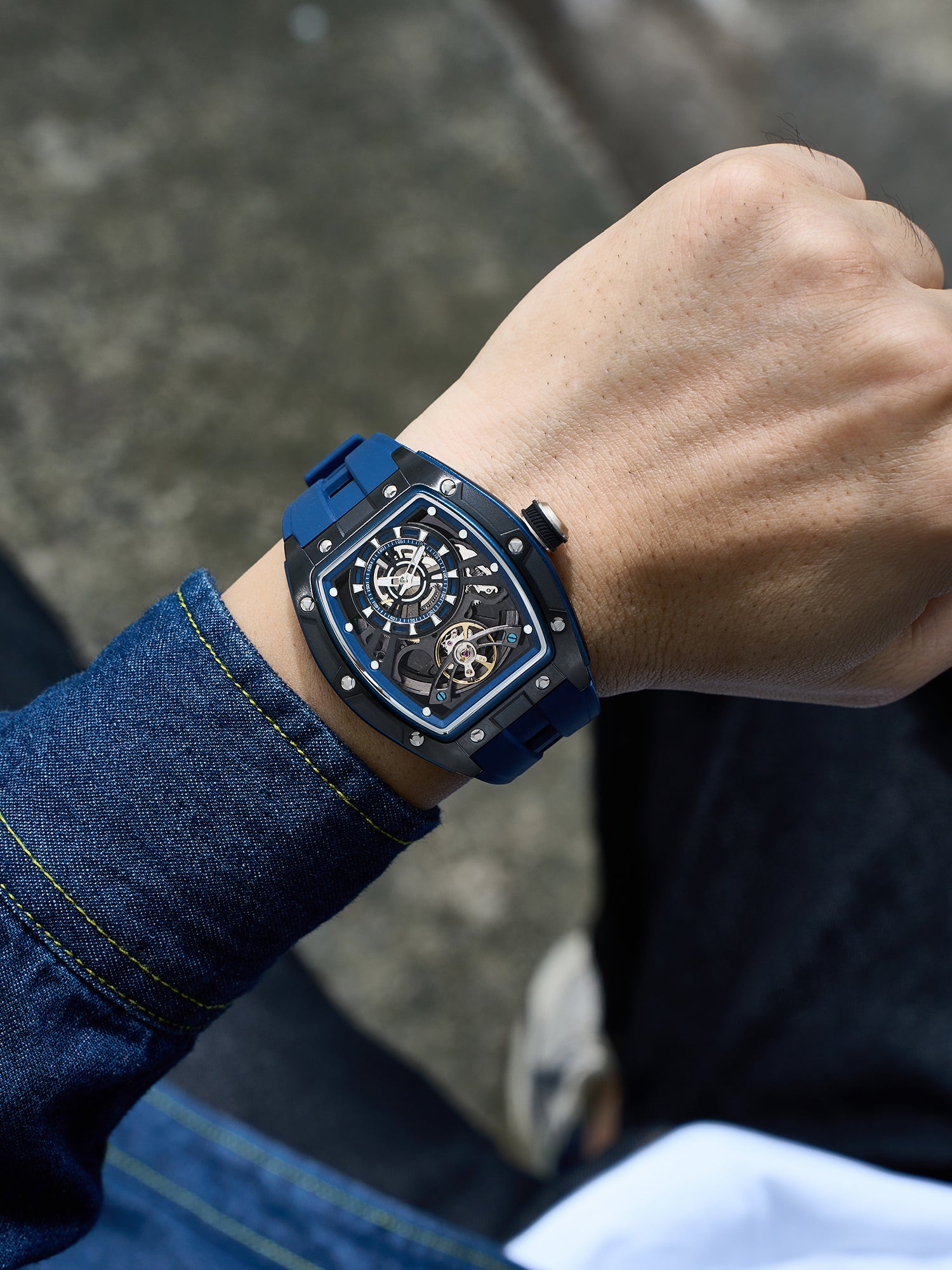 French Connection Stealth Series Limited Edition Men's Automatic Skeleton Watch with Blue Skeleton Dial, Silver Stainless Steel Case & Blue Silicone Strap - FCA48U
