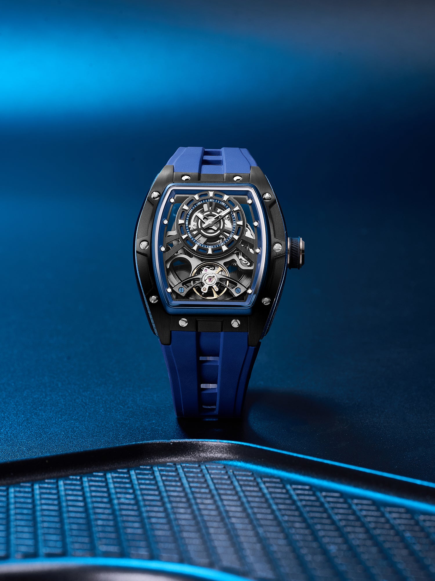 French Connection Stealth Series Limited Edition Men's Automatic Skeleton Watch with Blue Skeleton Dial, Silver Stainless Steel Case & Blue Silicone Strap - FCA48U