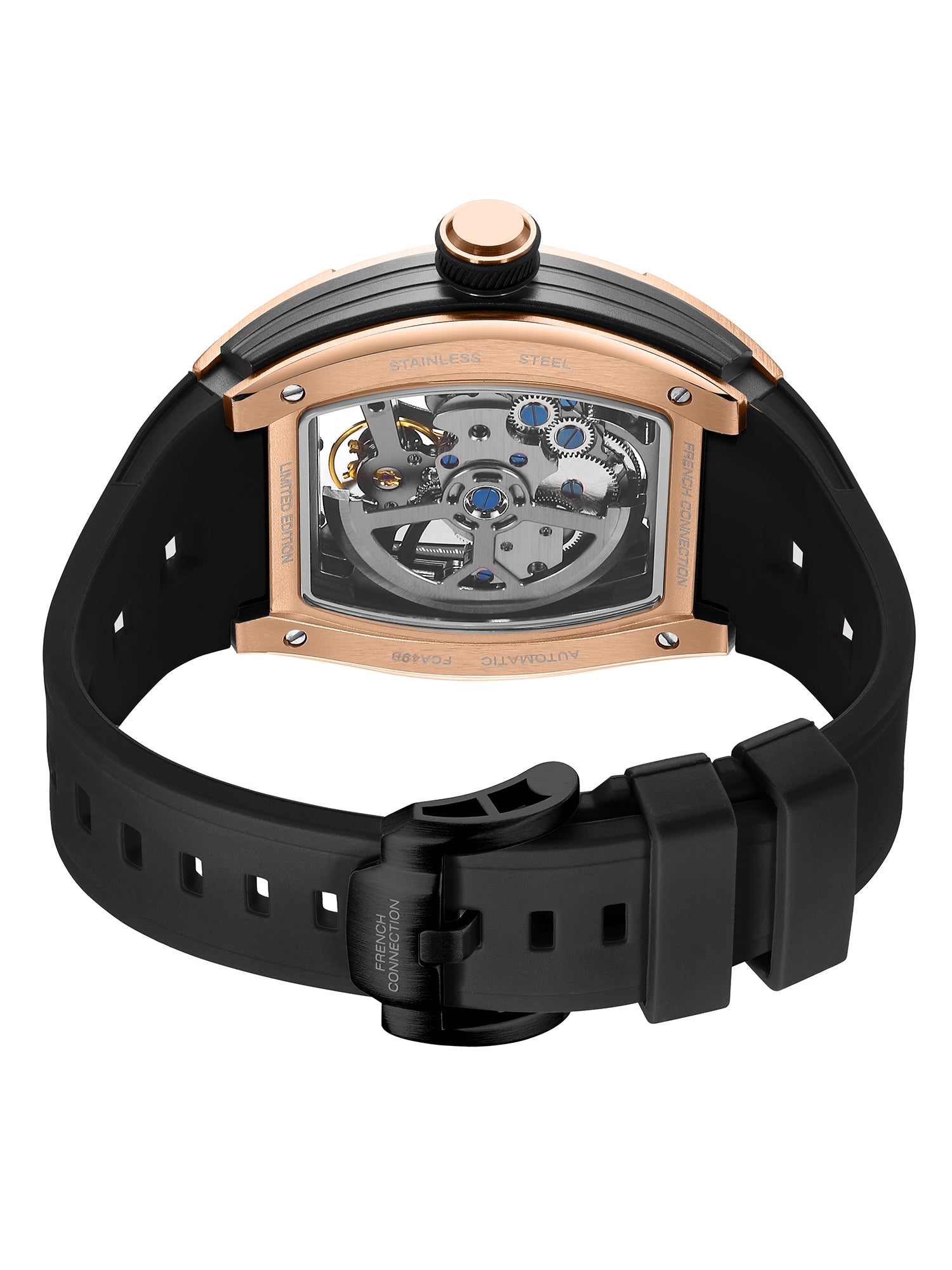 French Connection Stealth Series Limited Edition Men's Automatic Skeleton Watch with Black Skeleton Dial, Rose Gold Stainless Steel Case & Black Silicone Strap - FCA49B
