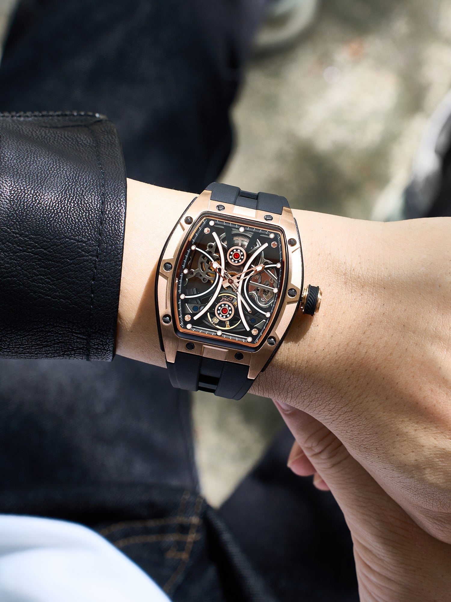 French Connection Stealth Series Limited Edition Men's Automatic Skeleton Watch with Black Skeleton Dial, Rose Gold Stainless Steel Case & Black Silicone Strap - FCA49B