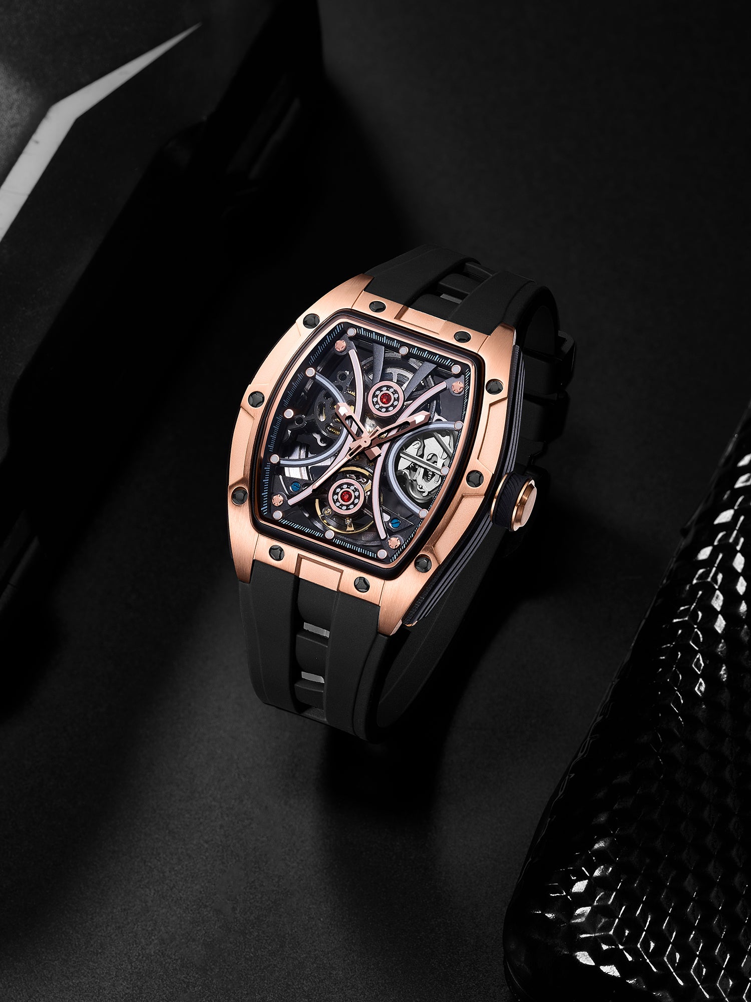French Connection Stealth Series Limited Edition Men's Automatic Skeleton Watch with Black Skeleton Dial, Rose Gold Stainless Steel Case & Black Silicone Strap - FCA49B