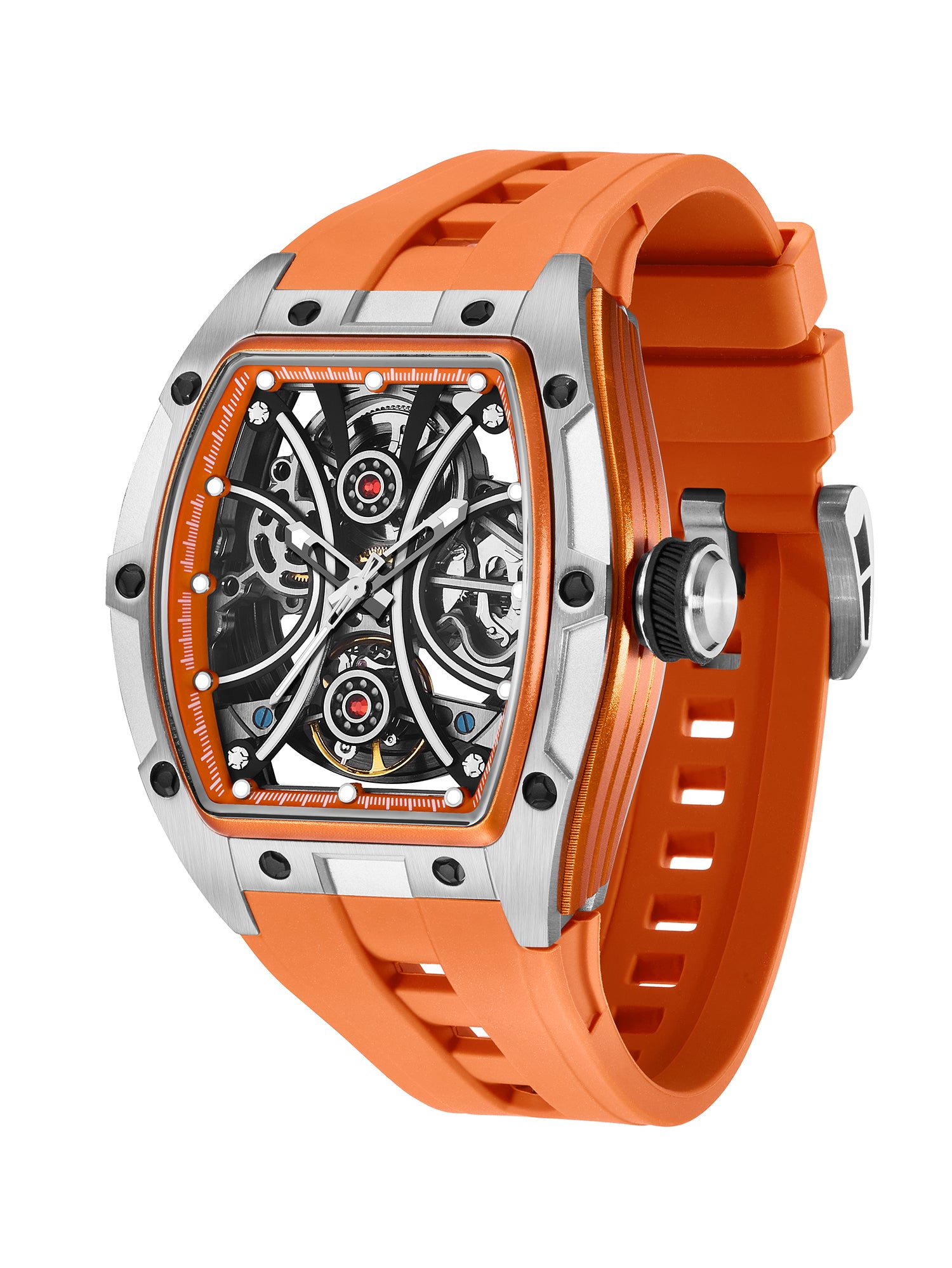 French Connection Stealth Series Limited Edition Men's Automatic Skeleton Watch with Orange Skeleton Dial, Silver Stainless Steel Case & Orange Silicone Strap - FCA49O