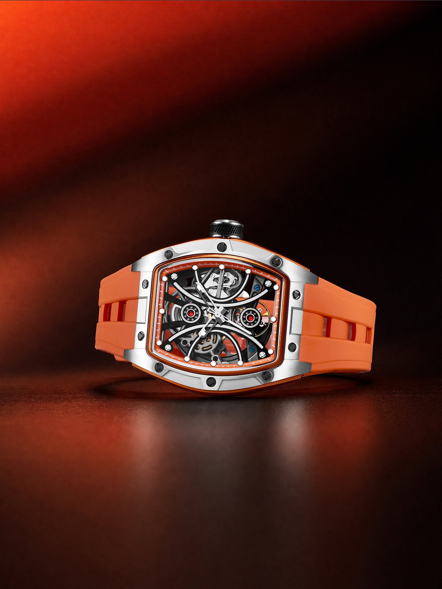 French Connection Stealth Series Limited Edition Men's Automatic Skeleton Watch with Orange Skeleton Dial, Silver Stainless Steel Case & Orange Silicone Strap - FCA49O