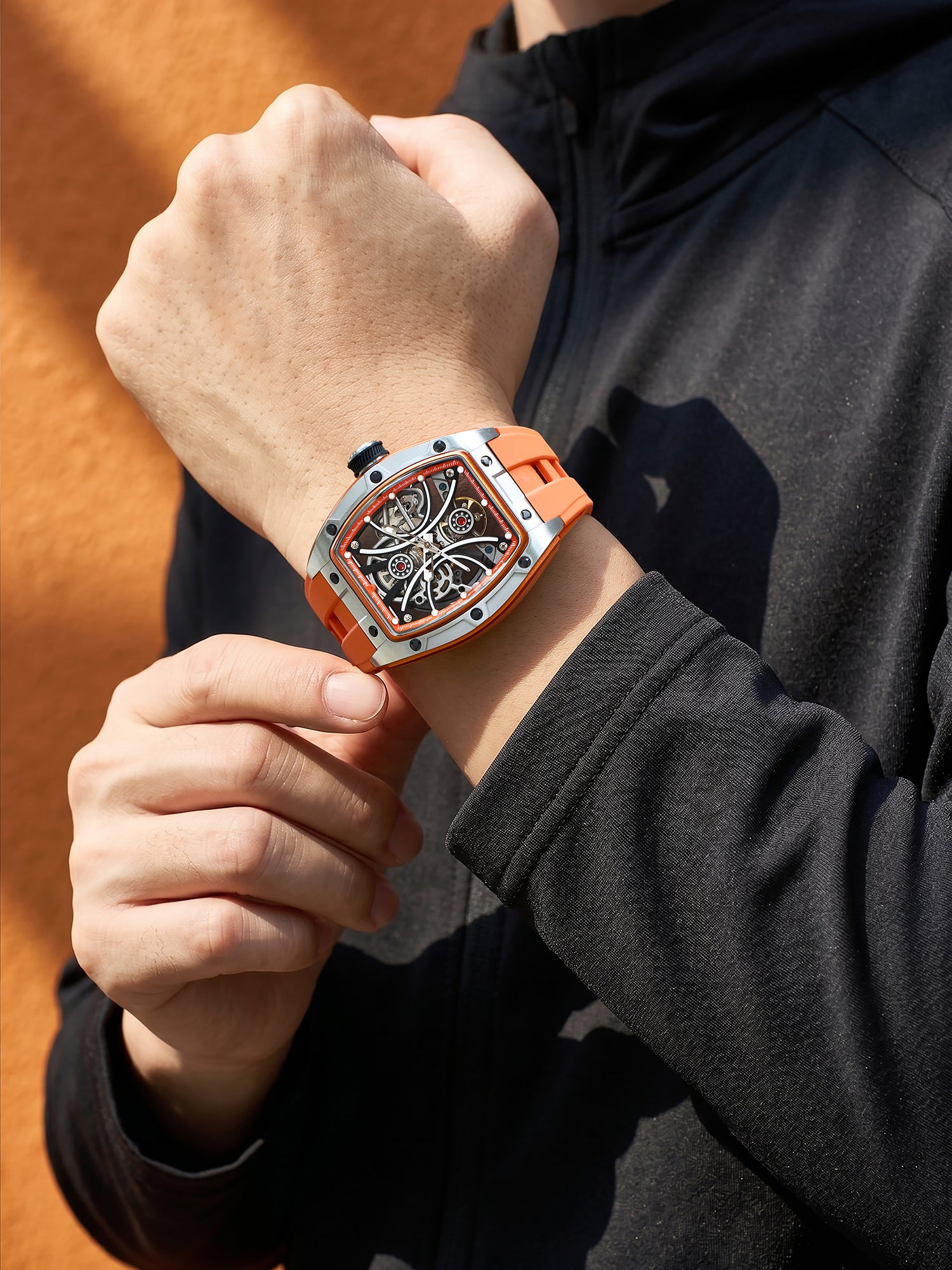 French Connection Stealth Series Limited Edition Men's Automatic Skeleton Watch with Orange Skeleton Dial, Silver Stainless Steel Case & Orange Silicone Strap - FCA49O