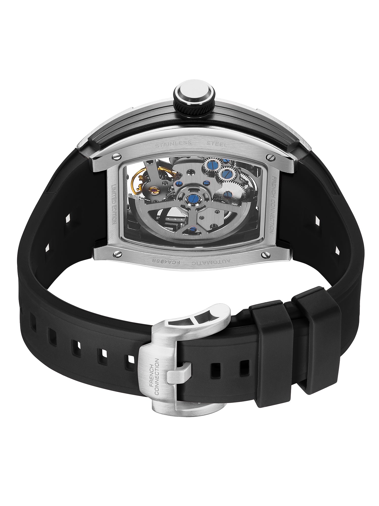 French Connection Stealth Series Limited Edition Men's Automatic Skeleton Watch with Black Skeleton Dial, Silver & Black Stainless Steel Case & Black Silicone Strap - FCA49SB