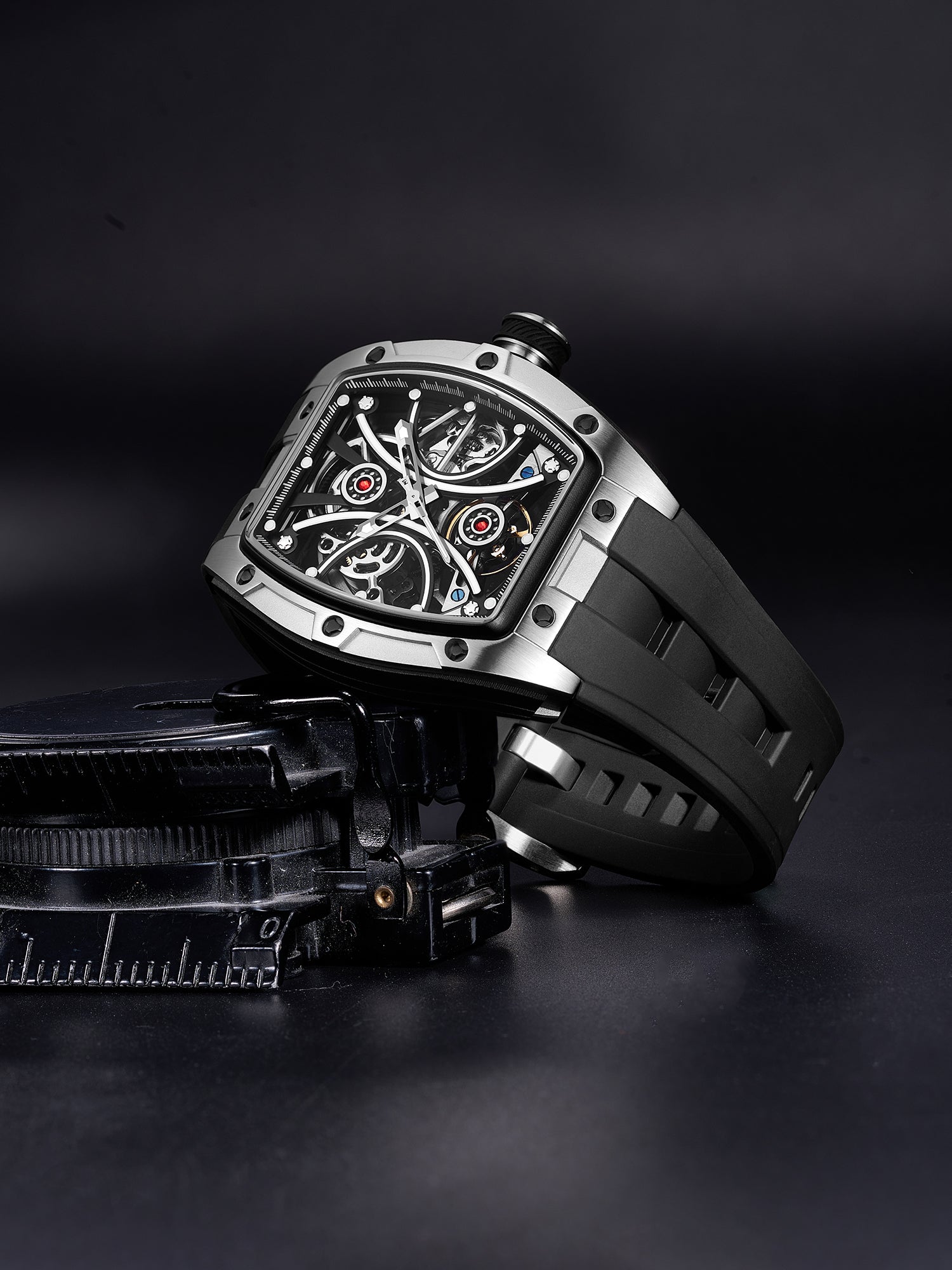 French Connection Stealth Series Limited Edition Men's Automatic Skeleton Watch with Black Skeleton Dial, Silver & Black Stainless Steel Case & Black Silicone Strap - FCA49SB