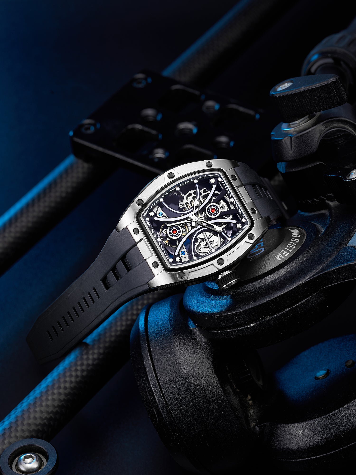 French Connection Stealth Series Limited Edition Men's Automatic Skeleton Watch with Black Skeleton Dial, Silver & Black Stainless Steel Case & Black Silicone Strap - FCA49SB