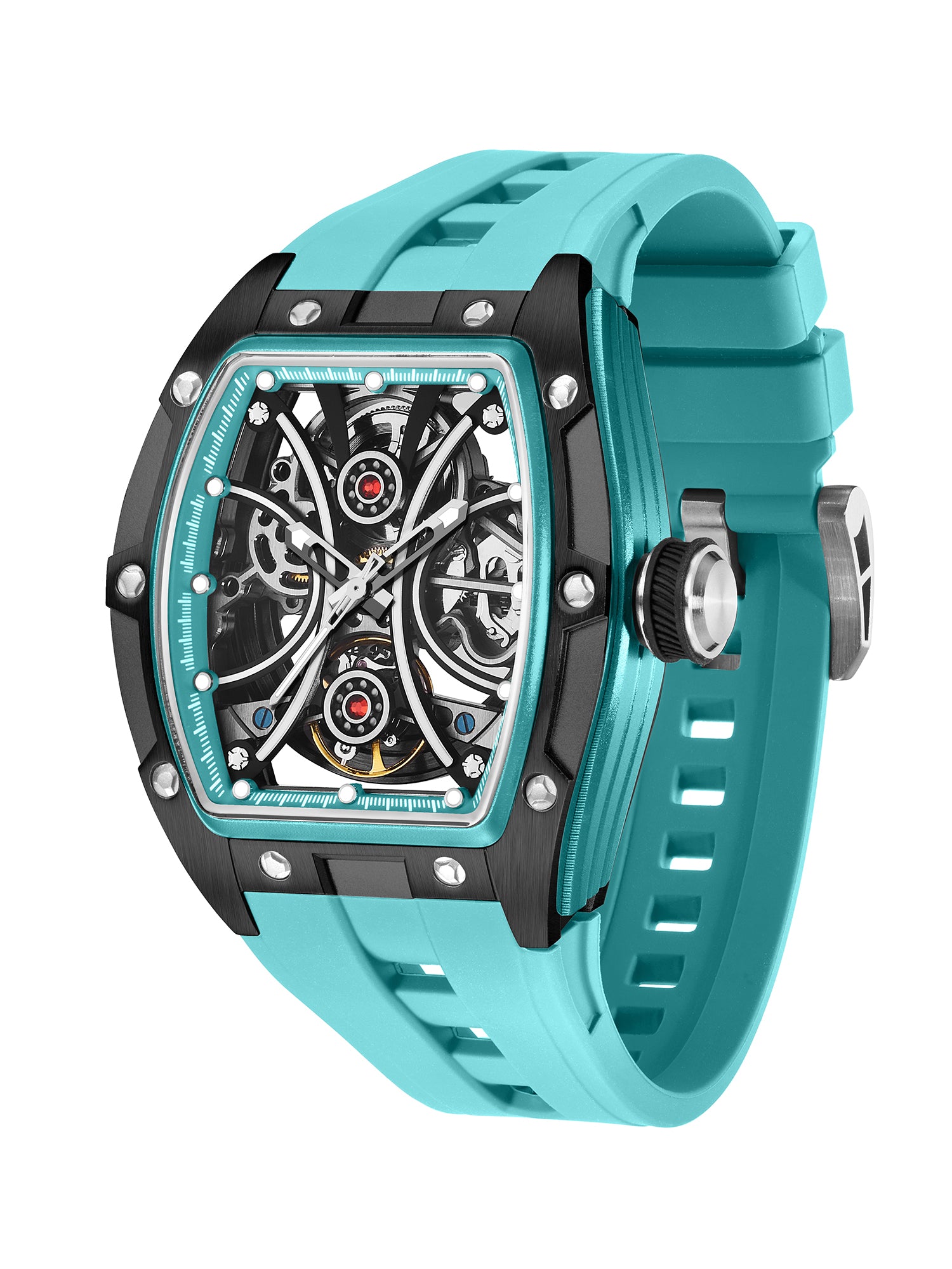 French Connection Stealth Series Limited Edition Men's Automatic Skeleton Watch with Blue Skeleton Dial, Silver Stainless Steel Case & Blue Silicone Strap - FCA49U