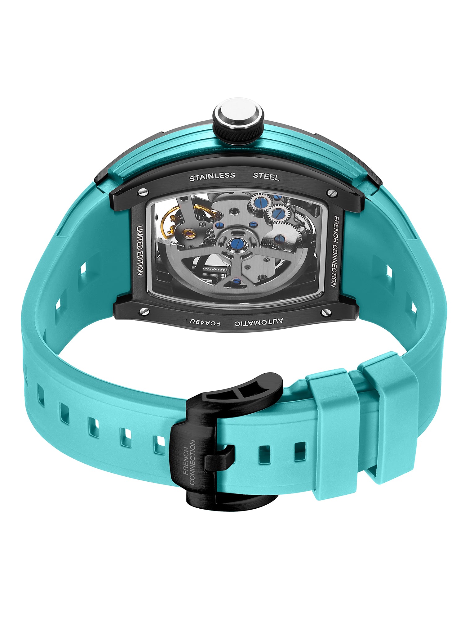 French Connection Stealth Series Limited Edition Men's Automatic Skeleton Watch with Blue Skeleton Dial, Silver Stainless Steel Case & Blue Silicone Strap - FCA49U