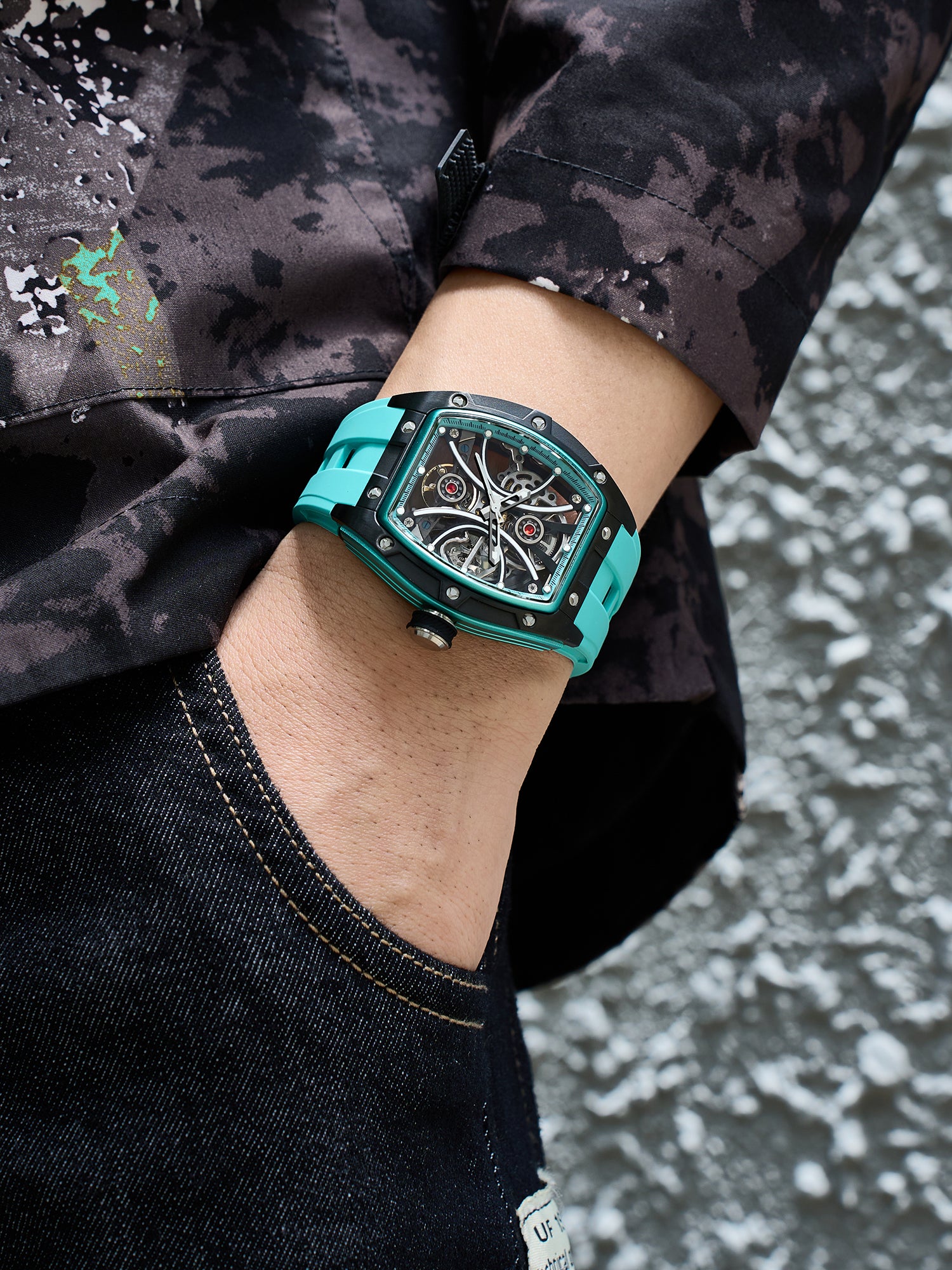 French Connection Stealth Series Limited Edition Men's Automatic Skeleton Watch with Blue Skeleton Dial, Silver Stainless Steel Case & Blue Silicone Strap - FCA49U