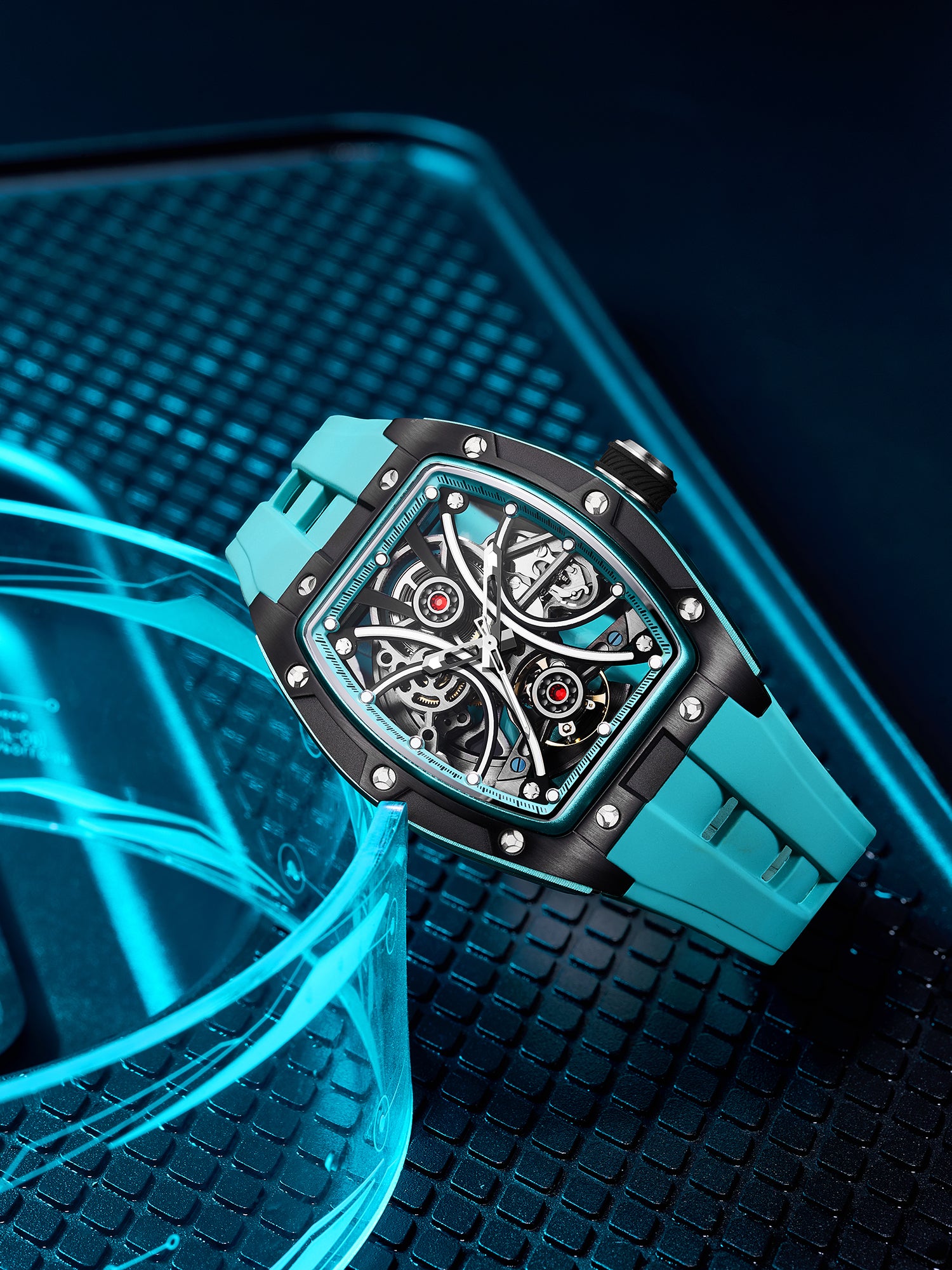 French Connection Stealth Series Limited Edition Men's Automatic Skeleton Watch with Blue Skeleton Dial, Silver Stainless Steel Case & Blue Silicone Strap - FCA49U