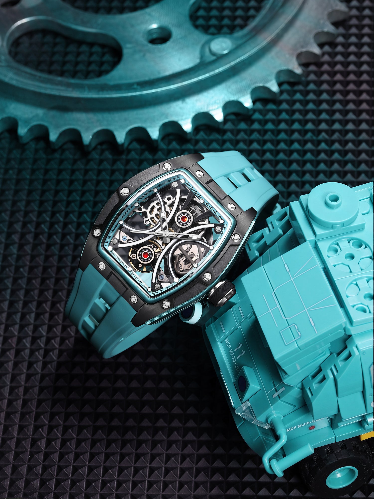 French Connection Stealth Series Limited Edition Men's Automatic Skeleton Watch with Blue Skeleton Dial, Silver Stainless Steel Case & Blue Silicone Strap - FCA49U