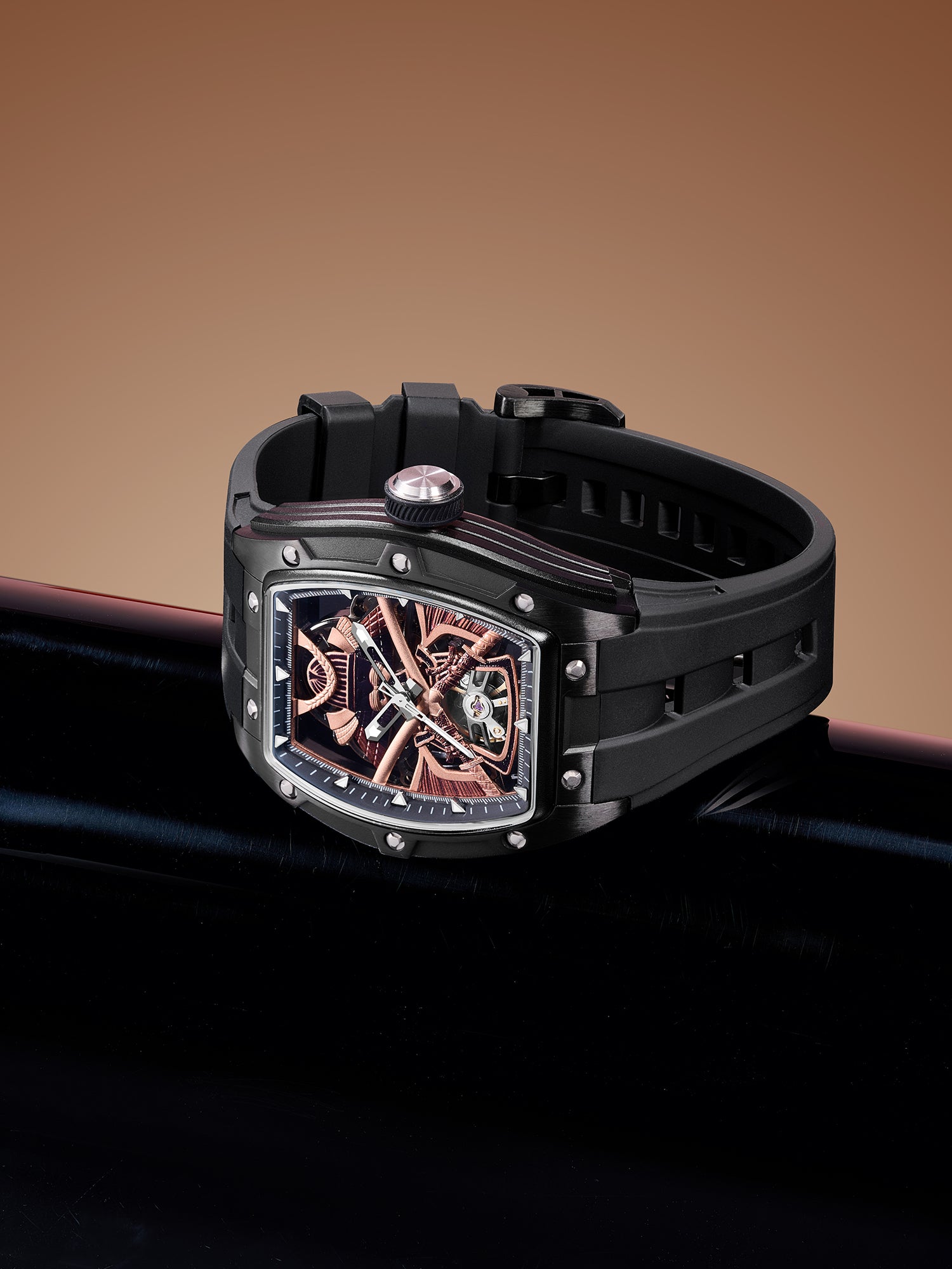 French Connection Stealth Series Limited Edition Men's Automatic Skeleton Watch with Black Skeleton Dial, Black PVD Stainless Steel Case & Black Silicone Strap - FCA50BB