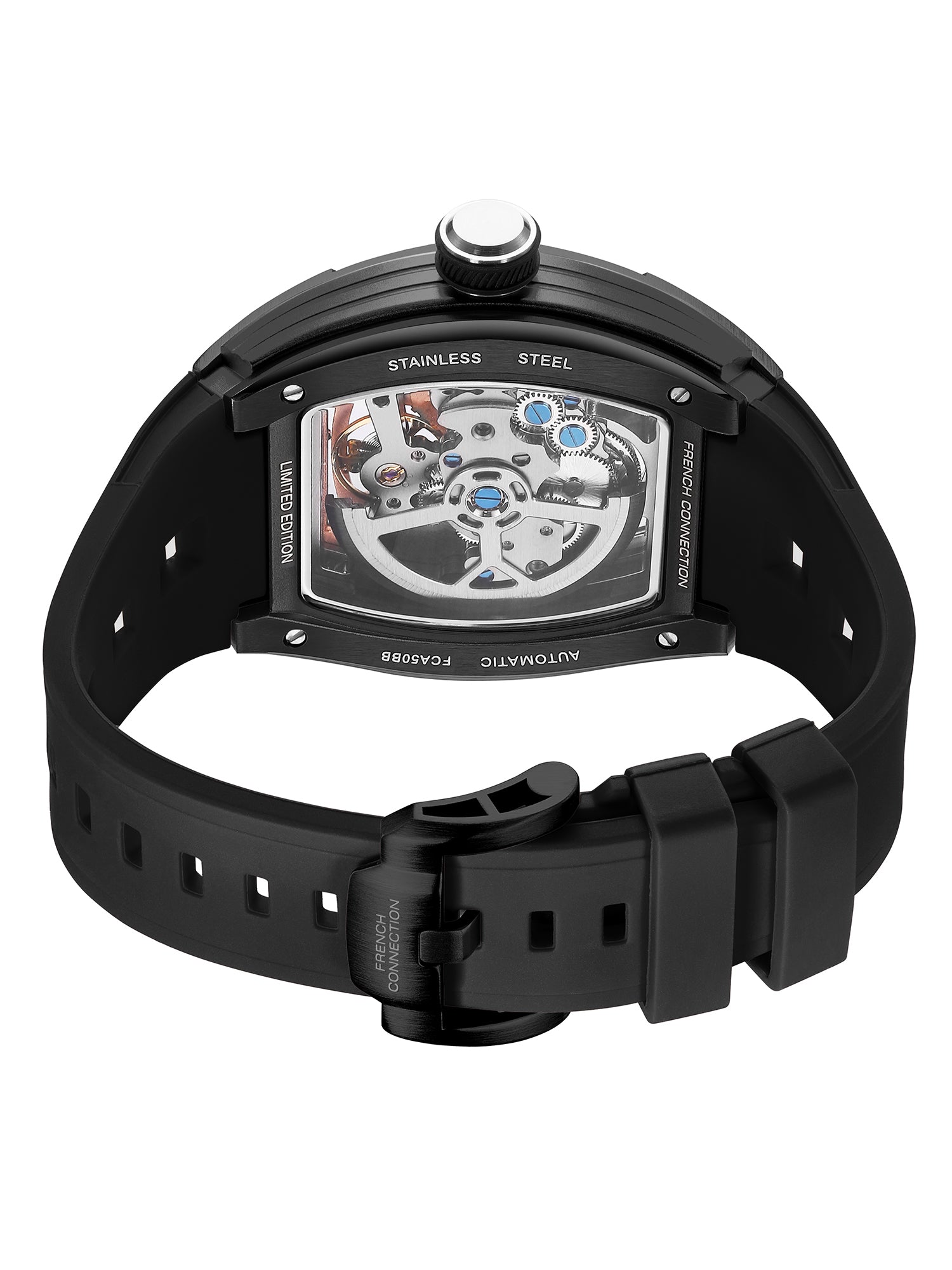 French Connection Stealth Series Limited Edition Men's Automatic Skeleton Watch with Black Skeleton Dial, Black PVD Stainless Steel Case & Black Silicone Strap - FCA50BB
