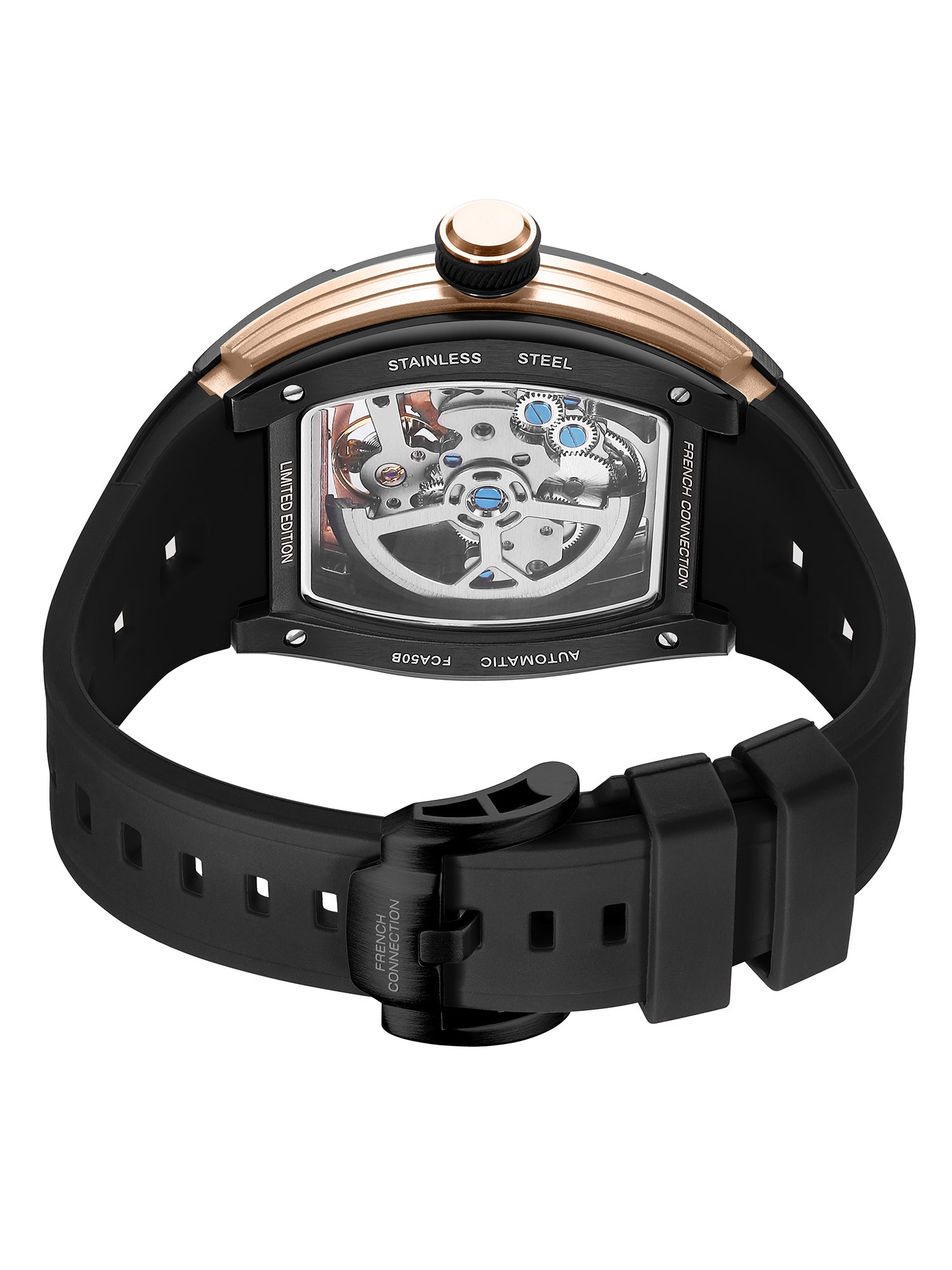 French Connection Stealth Series Limited Edition Men's Automatic Skeleton Watch with Black Skeleton Dial, Black Stainless Steel Case & Black Silicone Strap - FCA51B
