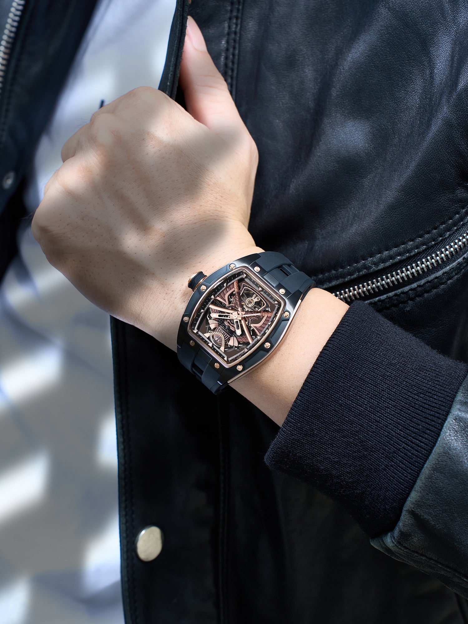French Connection Stealth Series Limited Edition Men's Automatic Skeleton Watch with Black Skeleton Dial, Black Stainless Steel Case & Black Silicone Strap - FCA50B