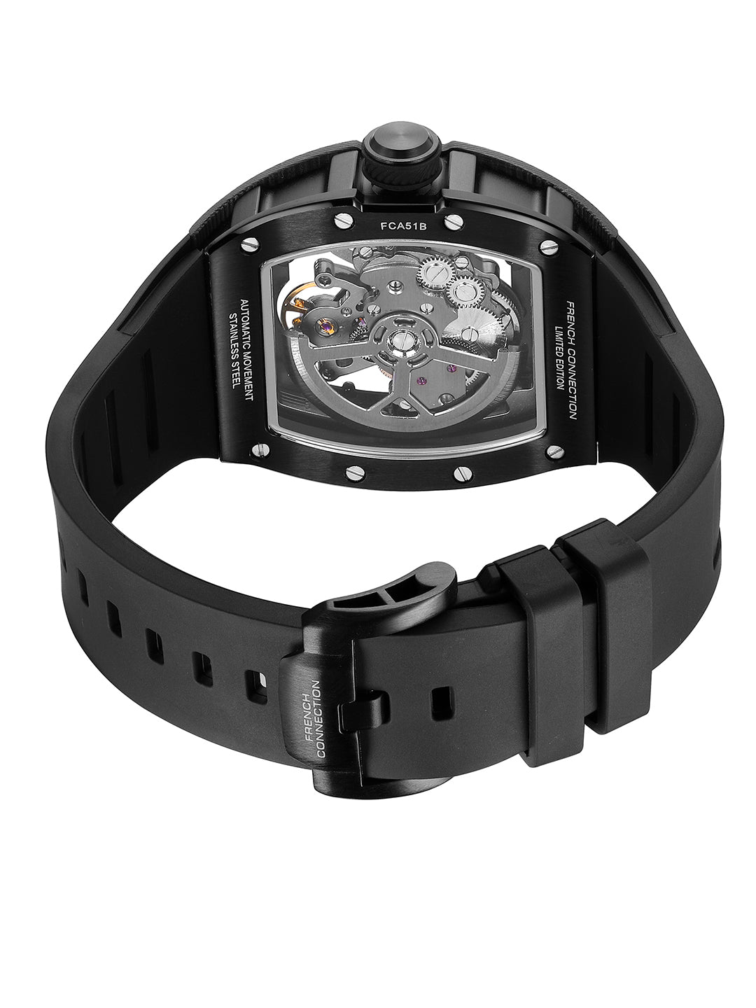 French Connection Stealth Series Limited Edition Men's Automatic Skeleton Watch – Carbon Fibre Edition with Black Skeleton Dial, Black Stainless Steel Case & Black Silicone Strap – FCA51B