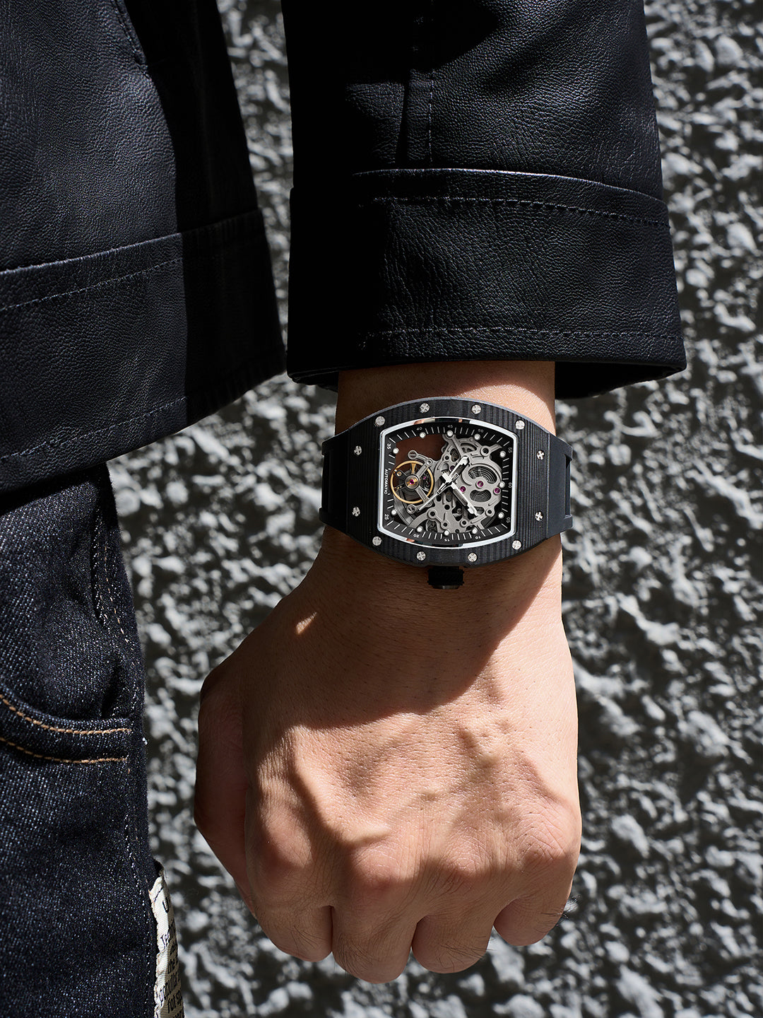 French Connection Stealth Series Limited Edition Men's Automatic Skeleton Watch – Carbon Fibre Edition with Black Skeleton Dial, Black Stainless Steel Case & Black Silicone Strap – FCA51B